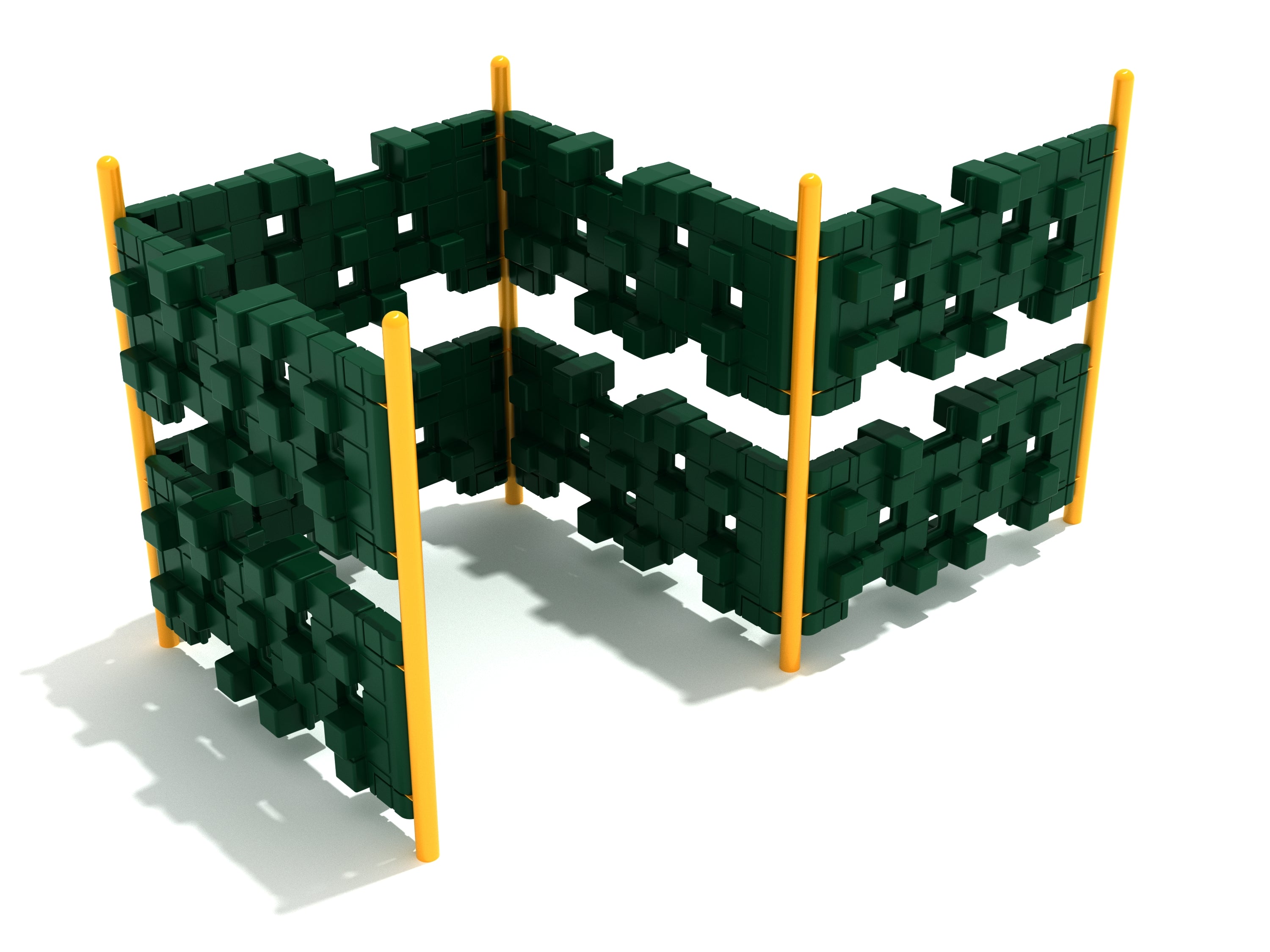 Freestanding pixelated climbing structure with dark green panels, yellow support poles, and cutout handholds and footholds