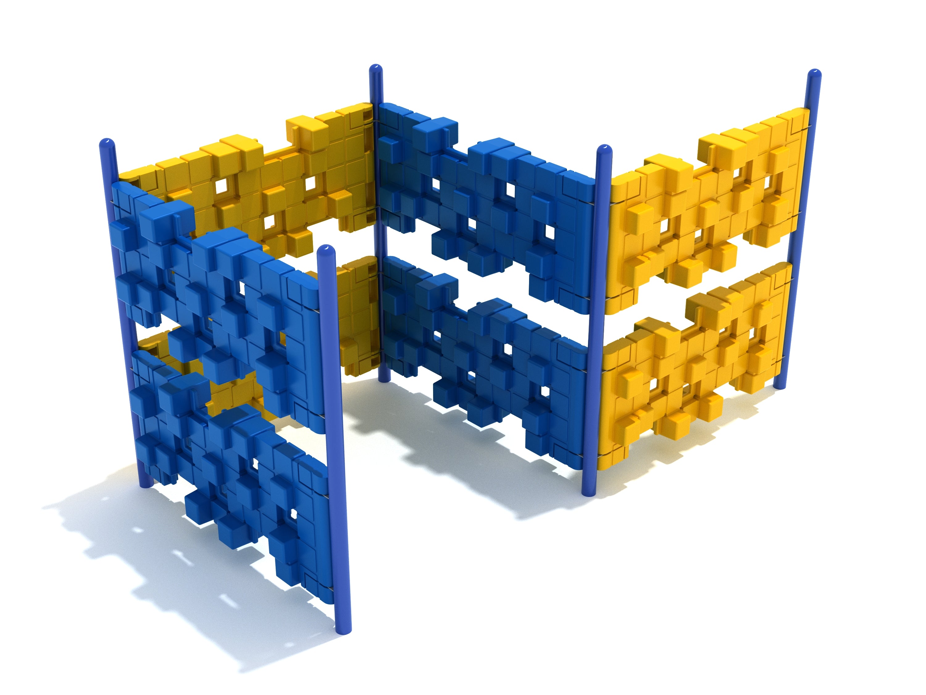 Colorful pixelated climbing panels in zig-zag layout with blue posts for active playground balance and climbing challenges