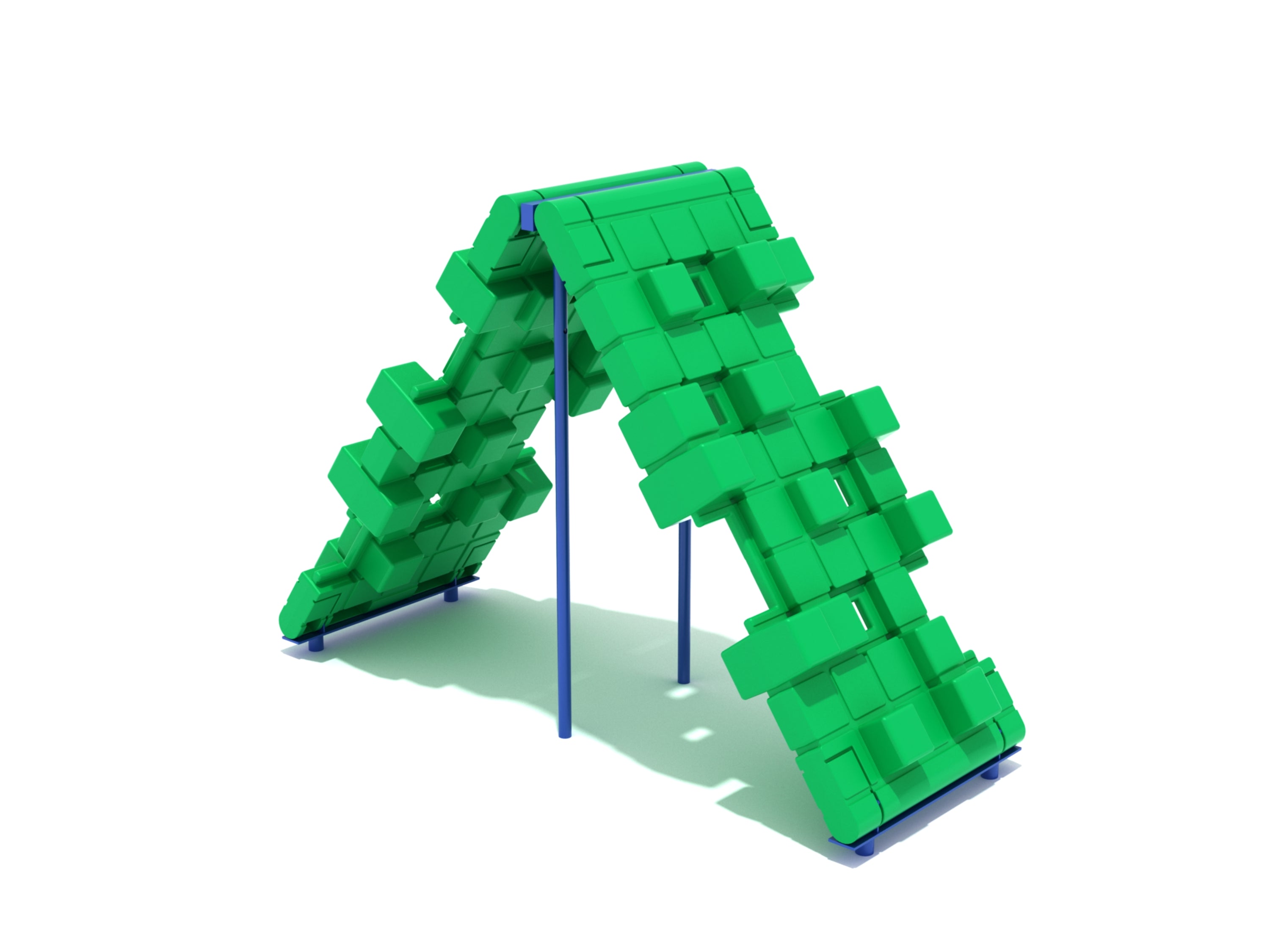 Green pixel-patterned playground climber with textured handholds, arching bridge design, and blue support poles