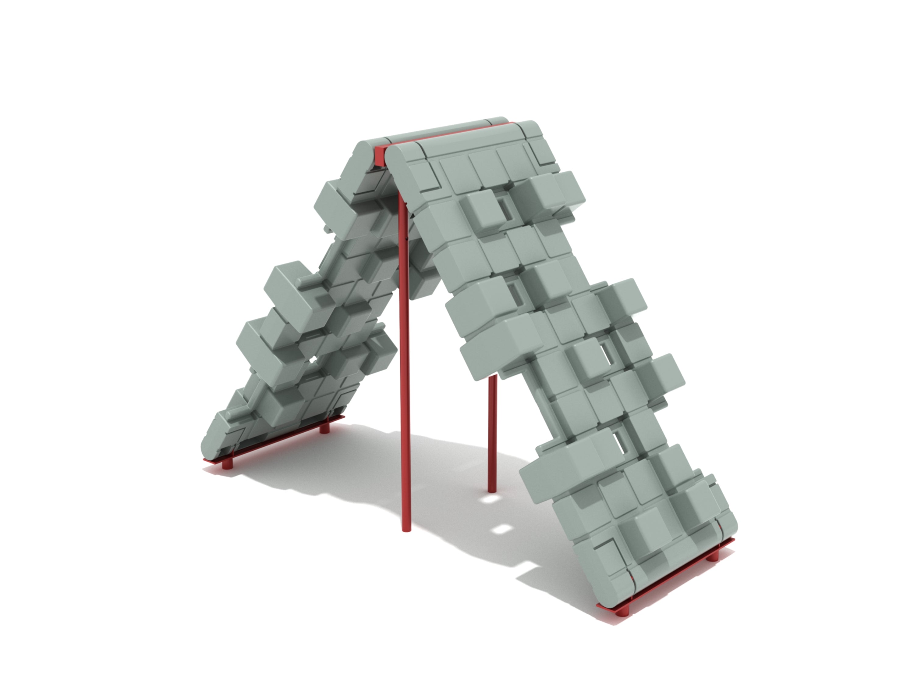 Playground climber with pixel-textured panels and red arching support poles forming a bridge structure