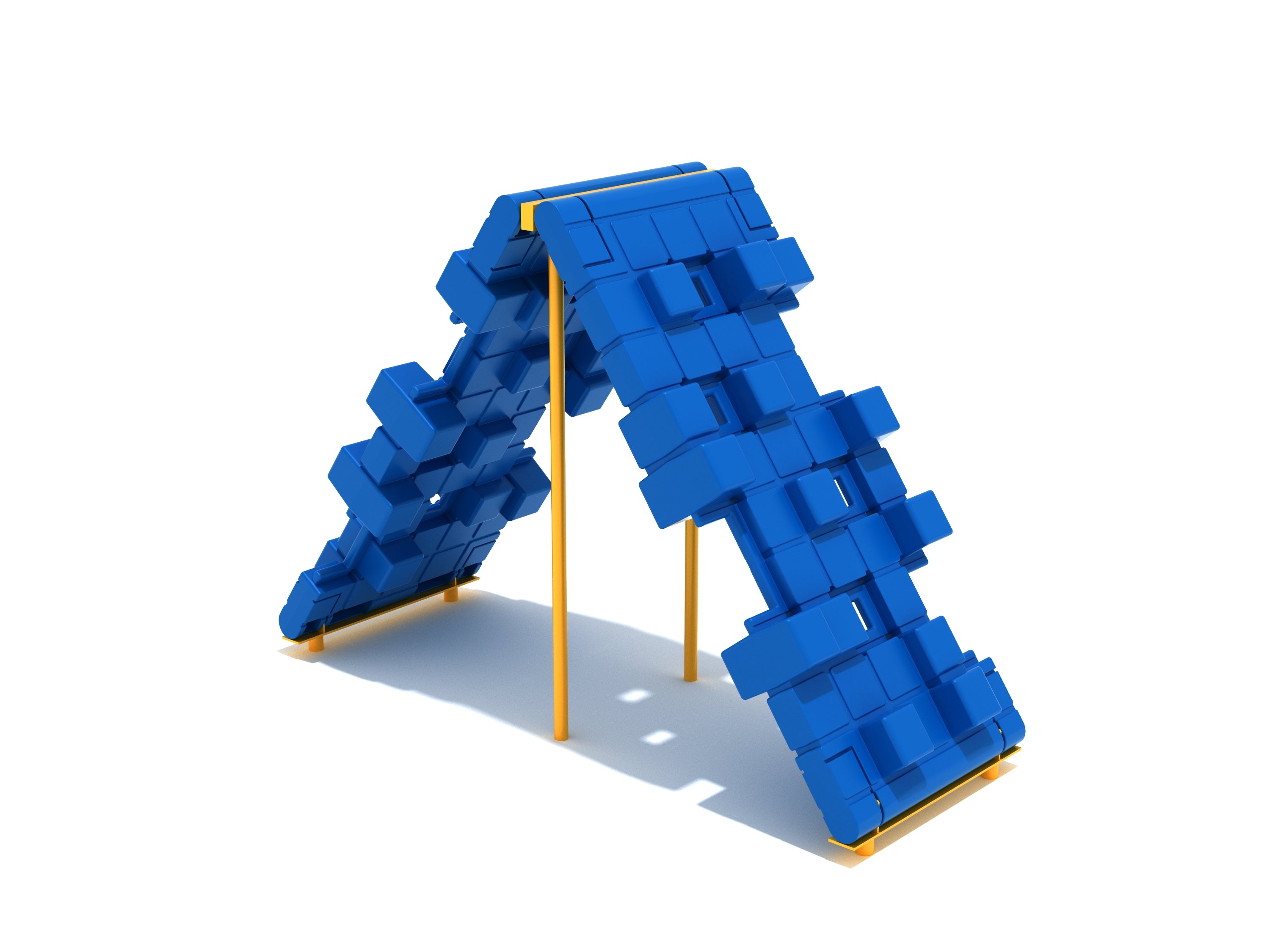 Pixel Bridge Climber with blue pixel-patterned climbing panels and yellow support poles, playground climbing equipment