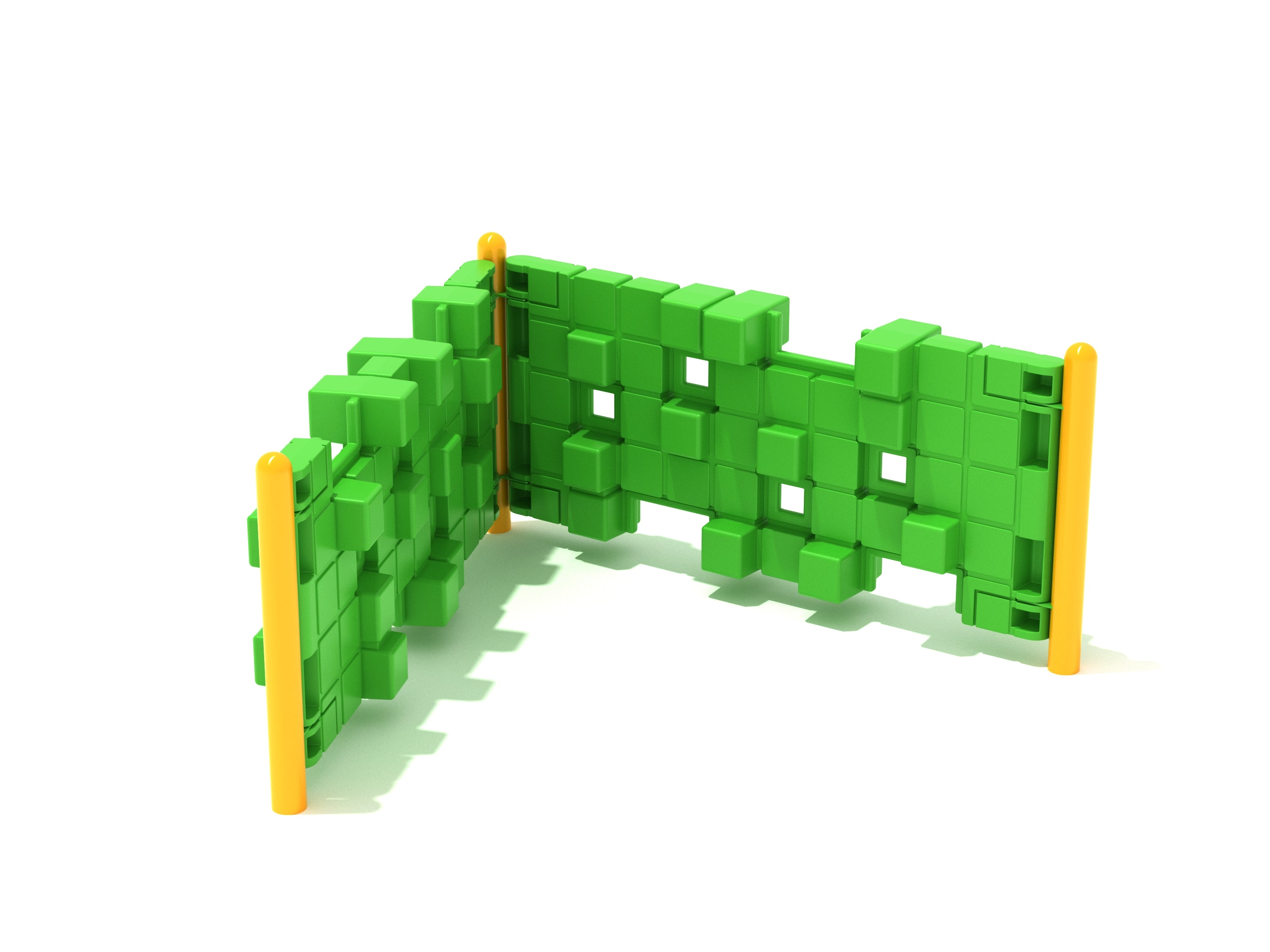 Angled green climbing wall with chunky cube grips, peek-through openings, and yellow support posts