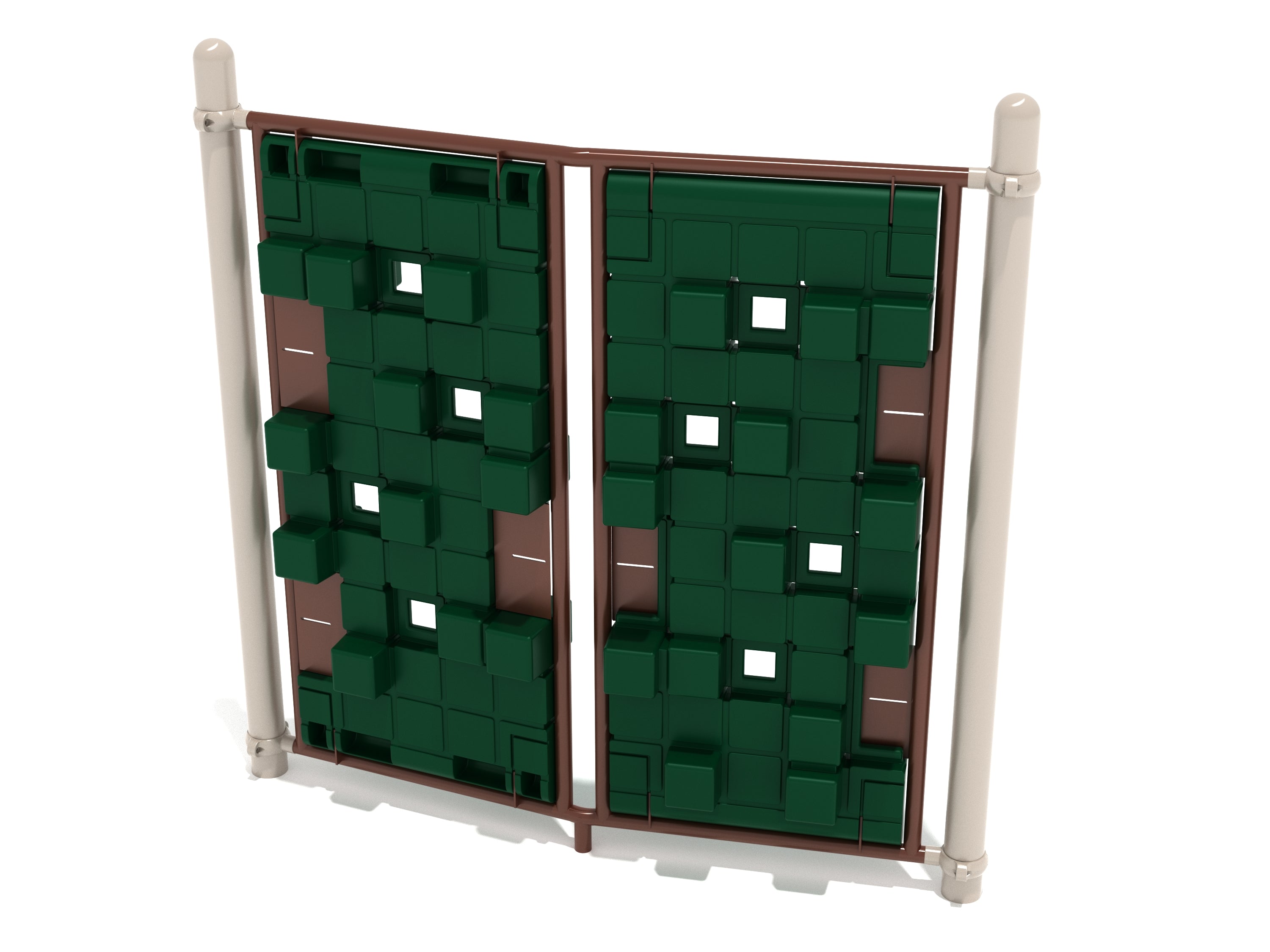 Dual-panel playground climber with green 3D pixel blocks, square cutouts, brown frame, and beige posts