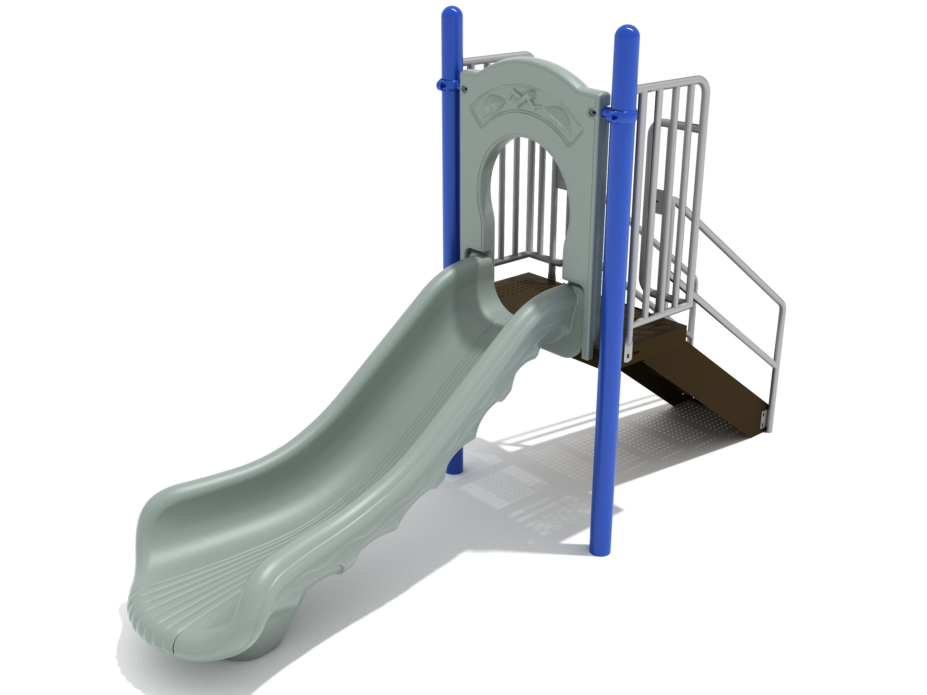 Light gray freestanding straight playground slide with blue posts, gray rails, textured steps, and entry arch