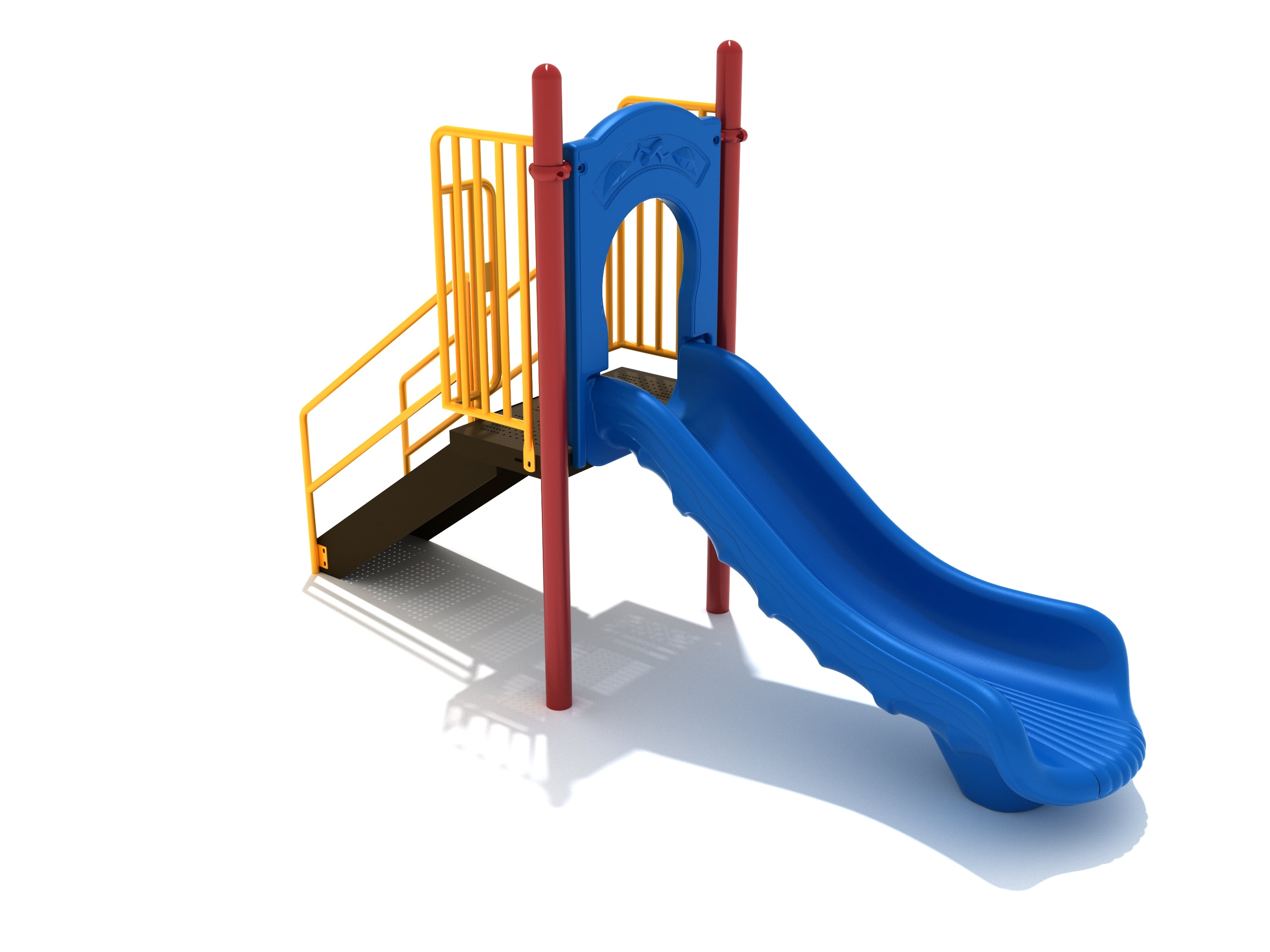 3 Foot Freestanding Single Straight Slide with blue slide, yellow guardrails, and red posts for compact playgrounds