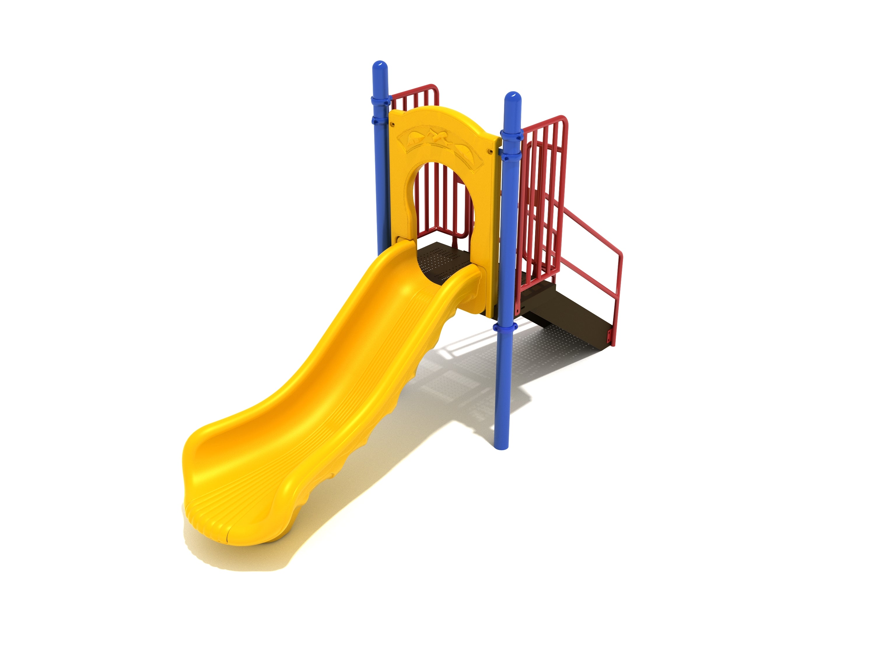 Yellow single straight playground slide with blue posts, red rails, textured steps, and entry arch for compact play areas