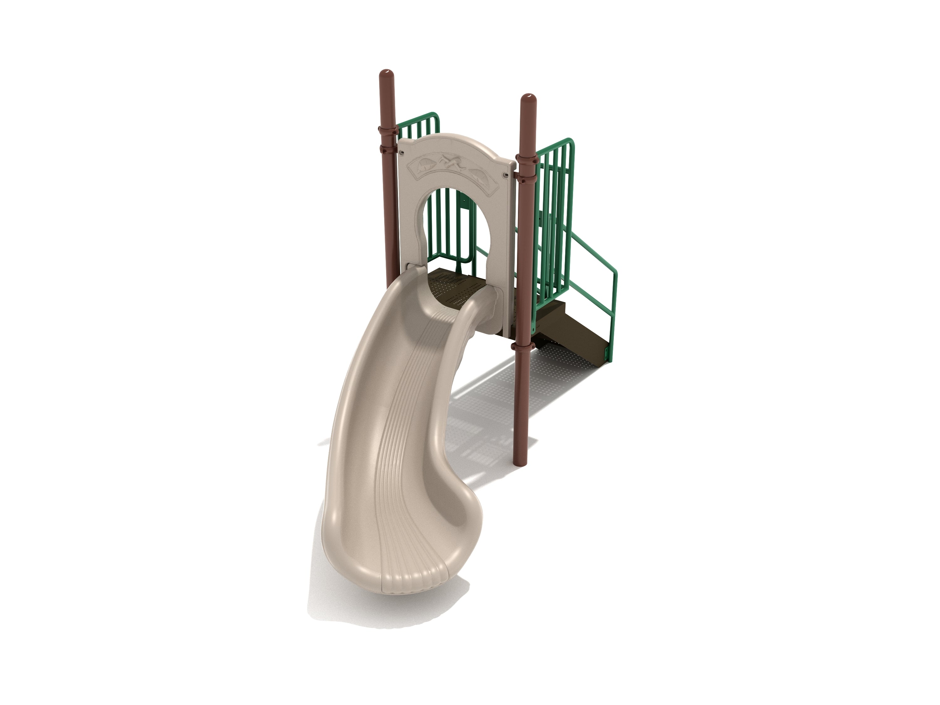 Freestanding playground slide with tan curved chute, green guardrails, brown support posts, and perforated steps