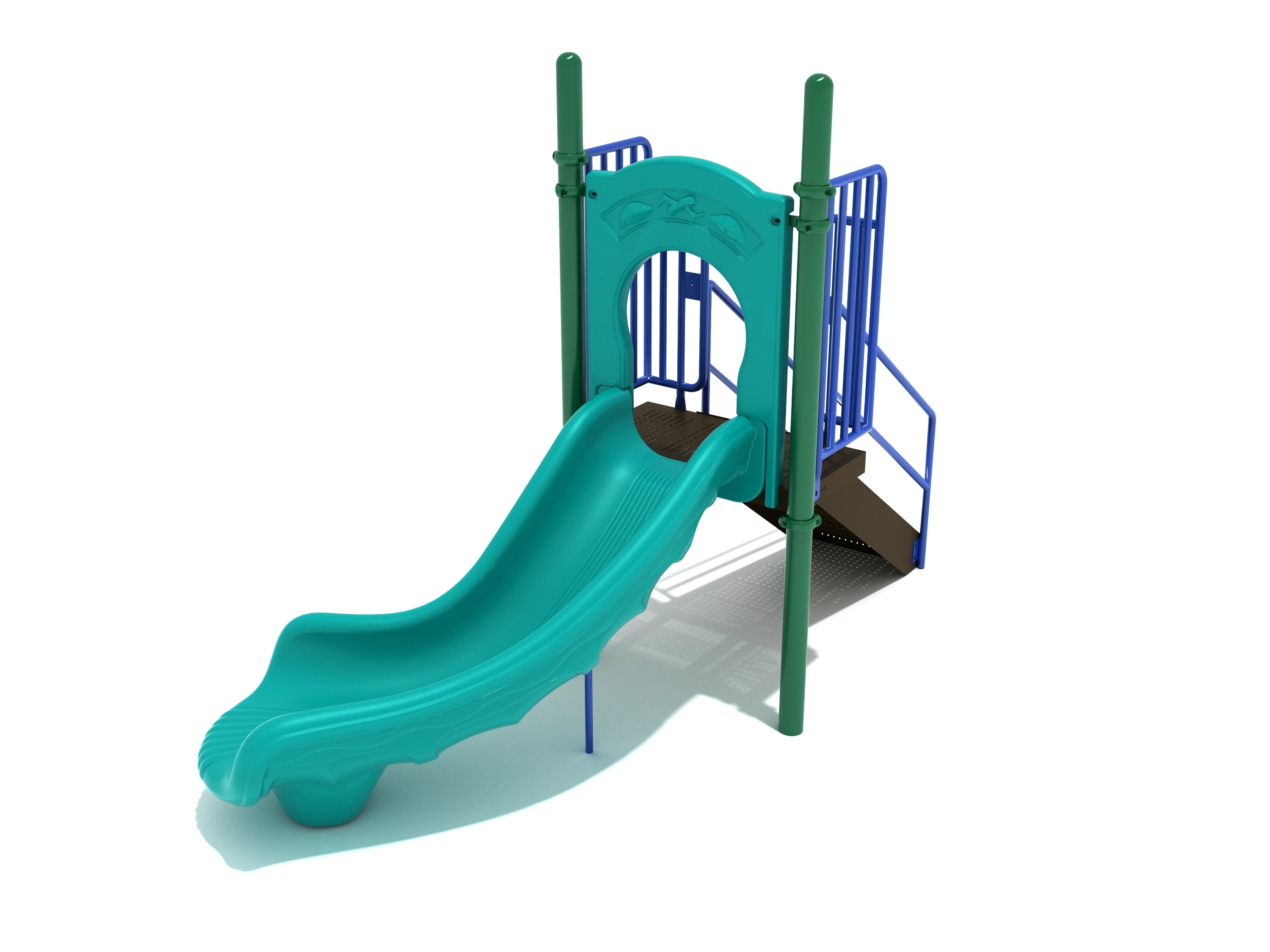 3 Foot Freestanding Right Turn Slide with teal chute, green posts, blue rails, textured steps, and entry panel on small platform
