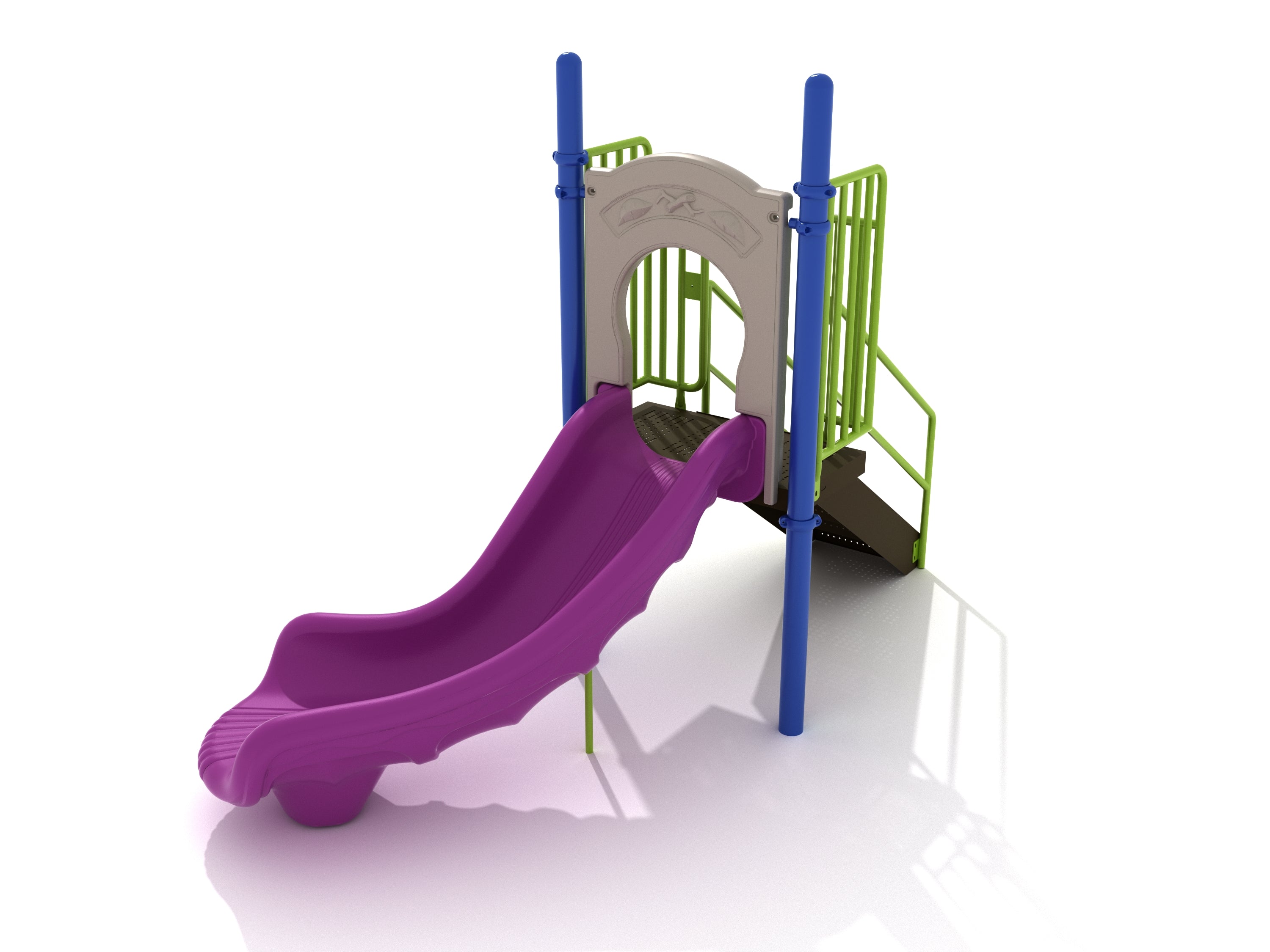 Compact freestanding playground slide with purple chute, blue posts, lime rails, tan entry panel, and textured steps