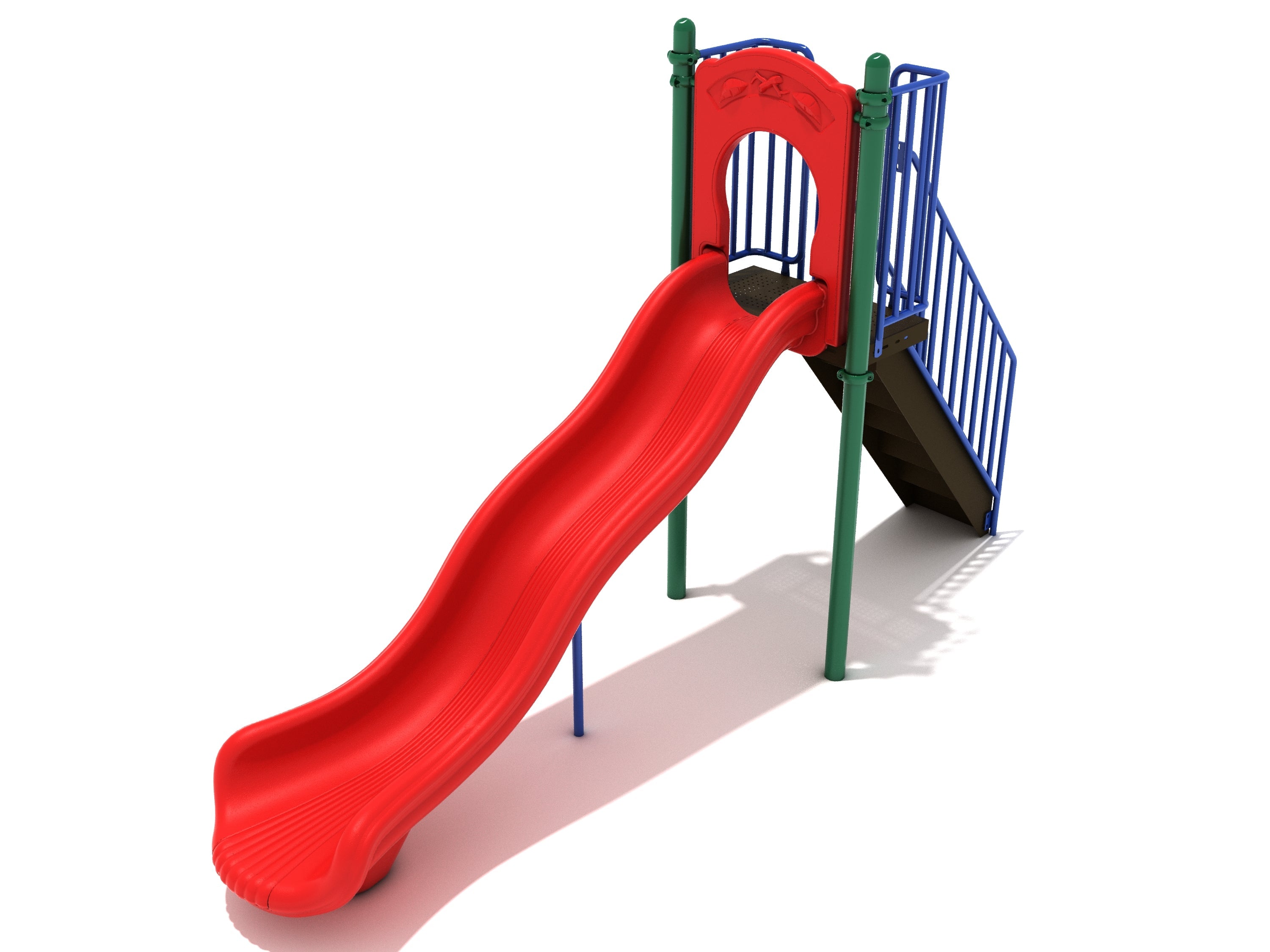 Freestanding playground slide with red wavy slide, green support posts, blue safety rails, and stairs
