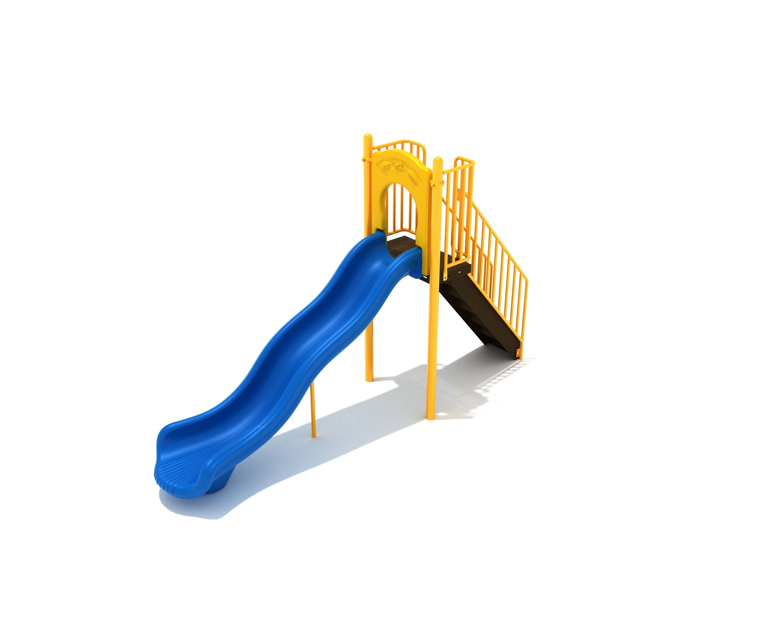 Freestanding playground slide with blue wavy sliding surface, yellow posts and rails, and black steps
