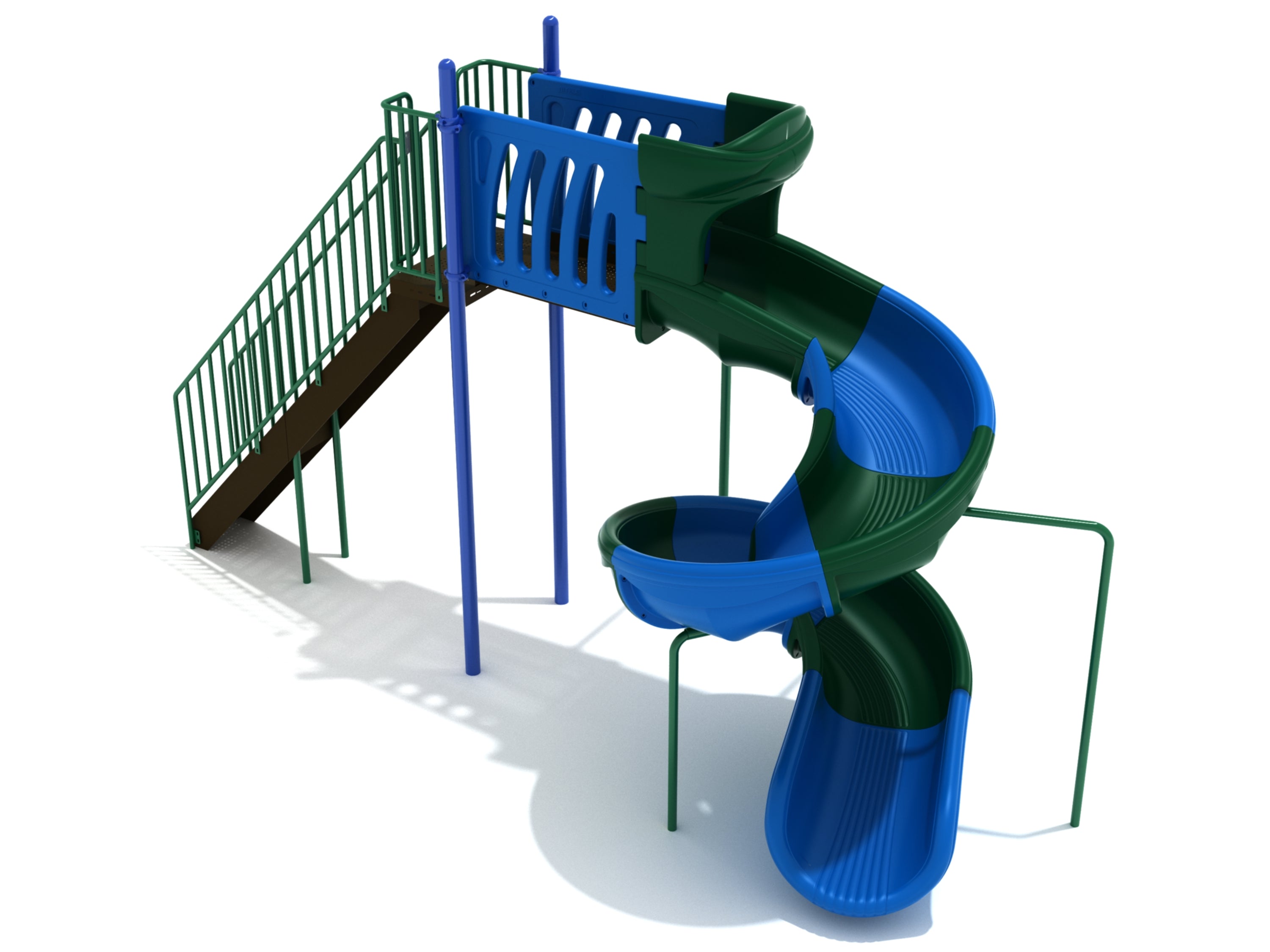 Freestanding playground spiral slide with alternating green and blue sections, green railings, and blue support posts