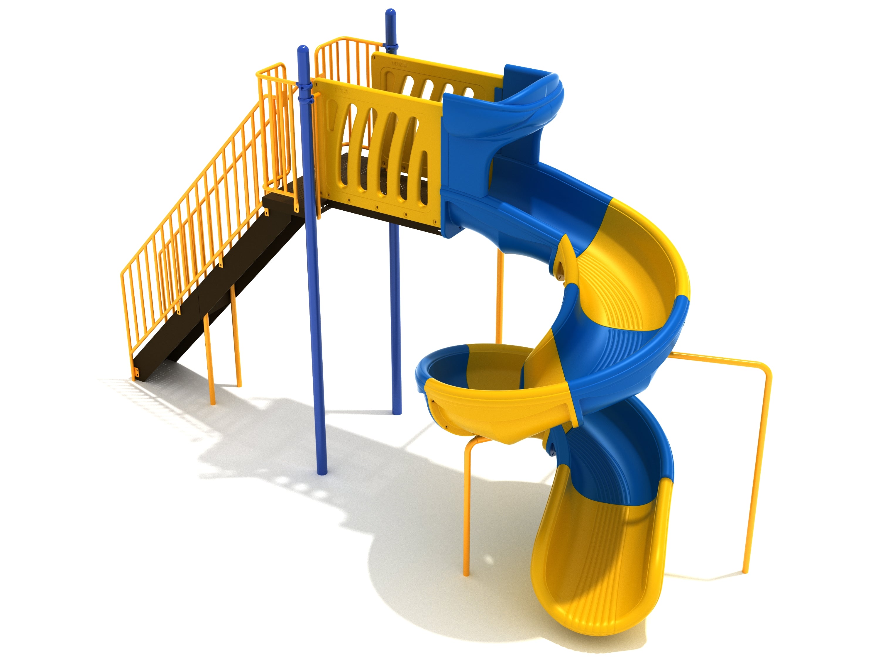 8 Foot Sectional Freestanding Spiral slide with alternating blue and yellow sections, yellow rails, and blue support posts