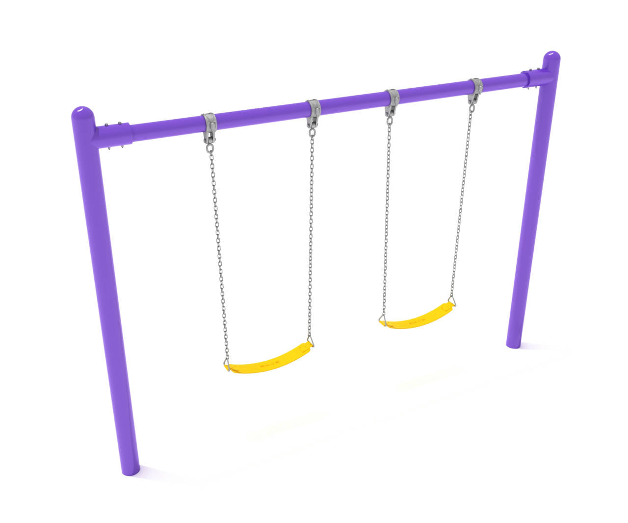Purple single-post metal swing set with two yellow belt seats hanging from chains