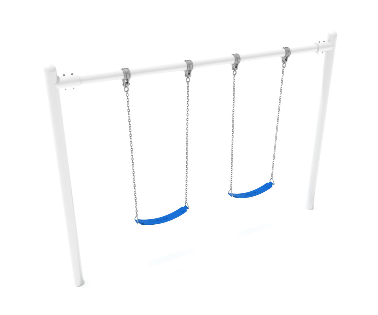 White metal single-post swing set with two blue belt seats suspended by chains