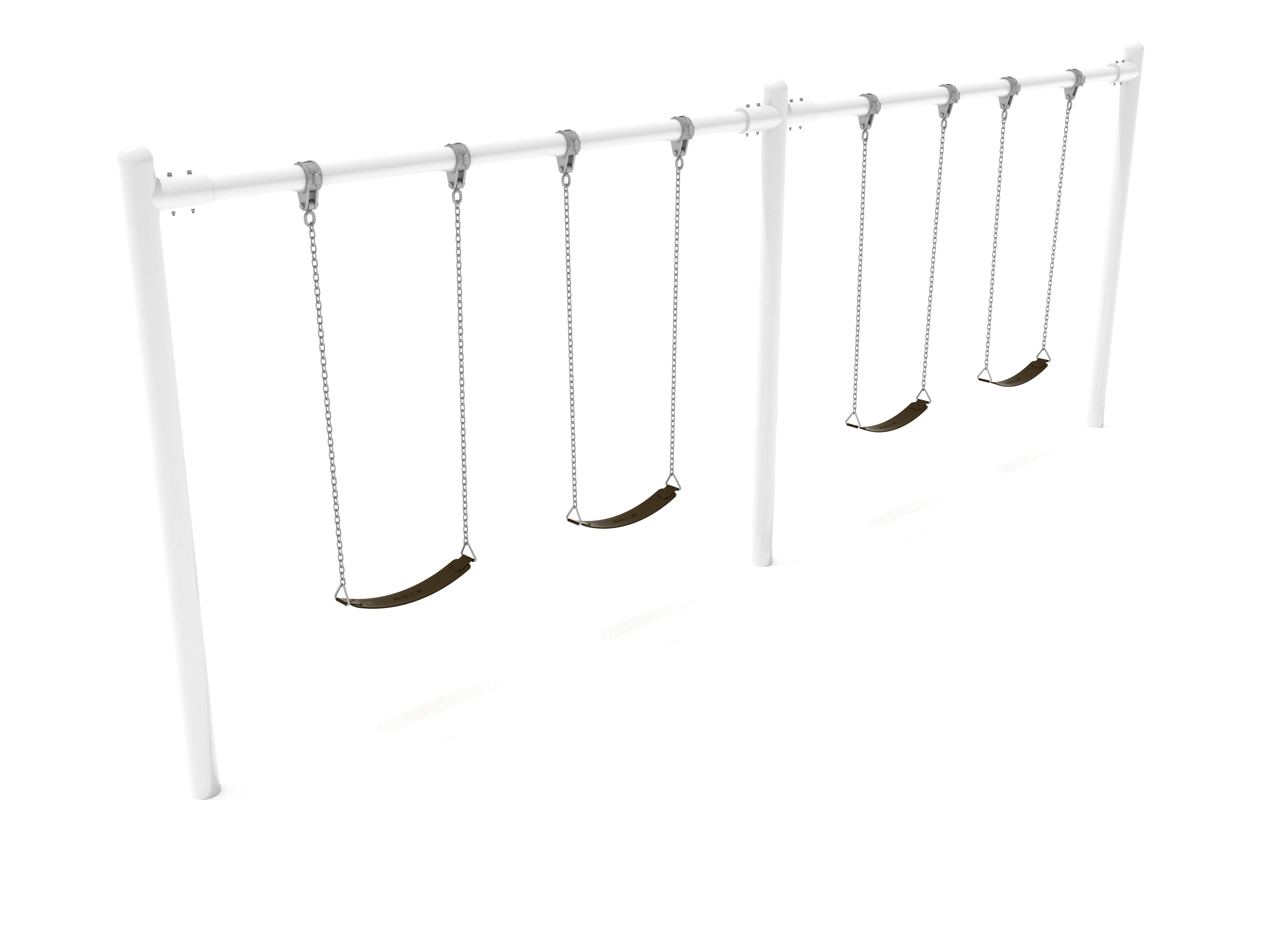 Metal playground swing set with four black belt seats hanging from chains on a white metal frame