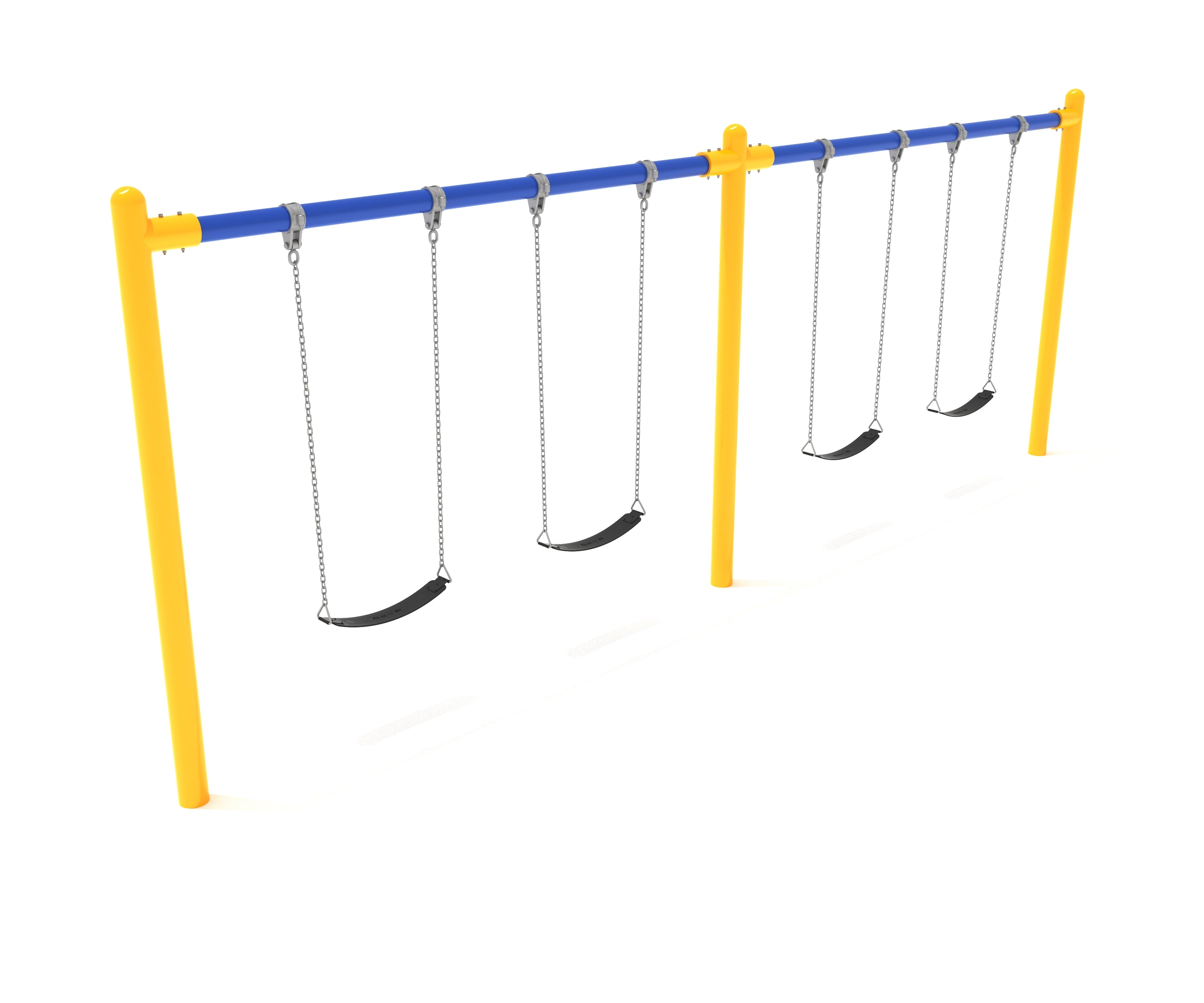 Playground swing set with yellow posts, blue top bar, and four black belt swings hanging from metal chains