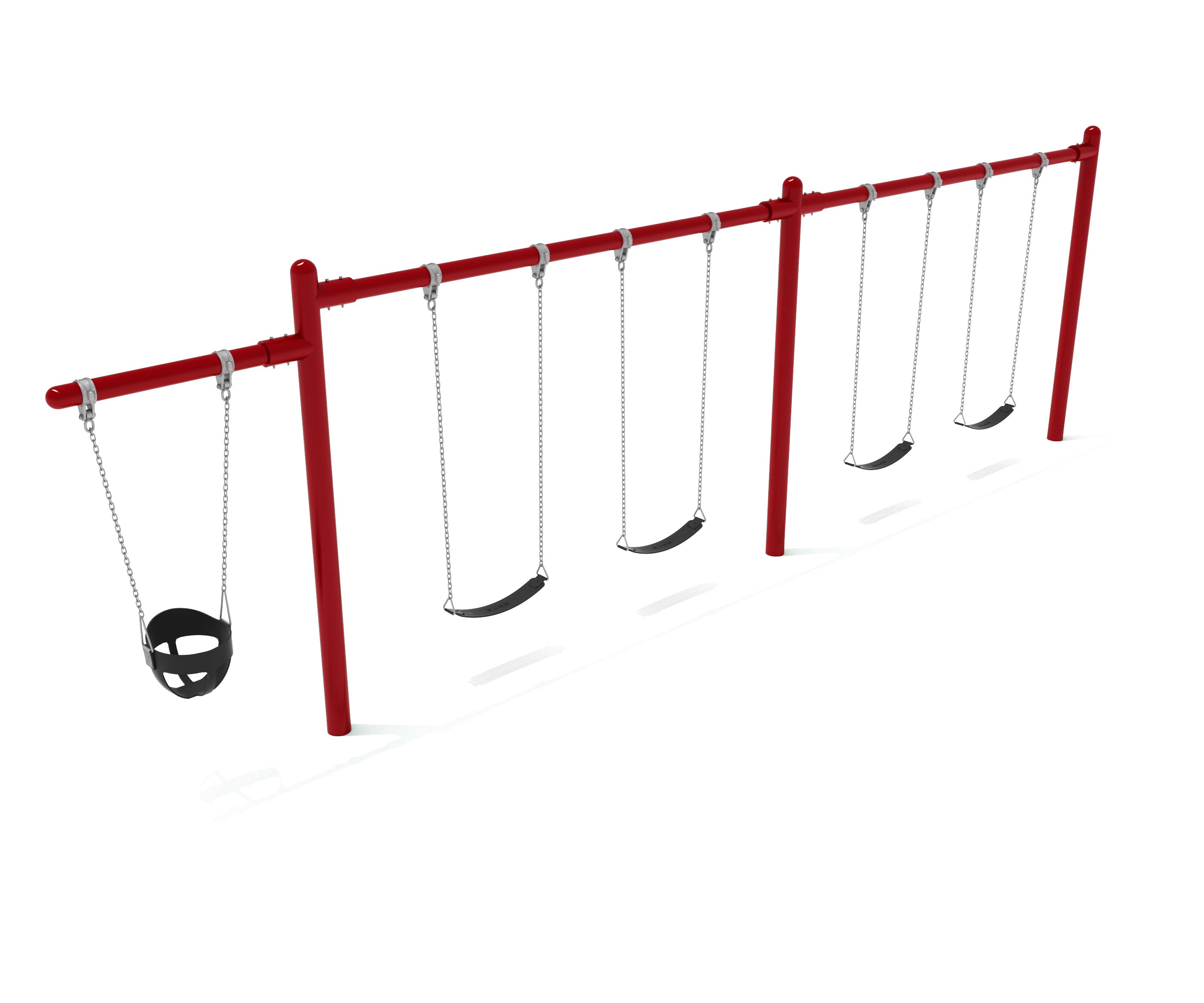Red cantilever swing set with one bucket swing and four black belt swings with metal chains