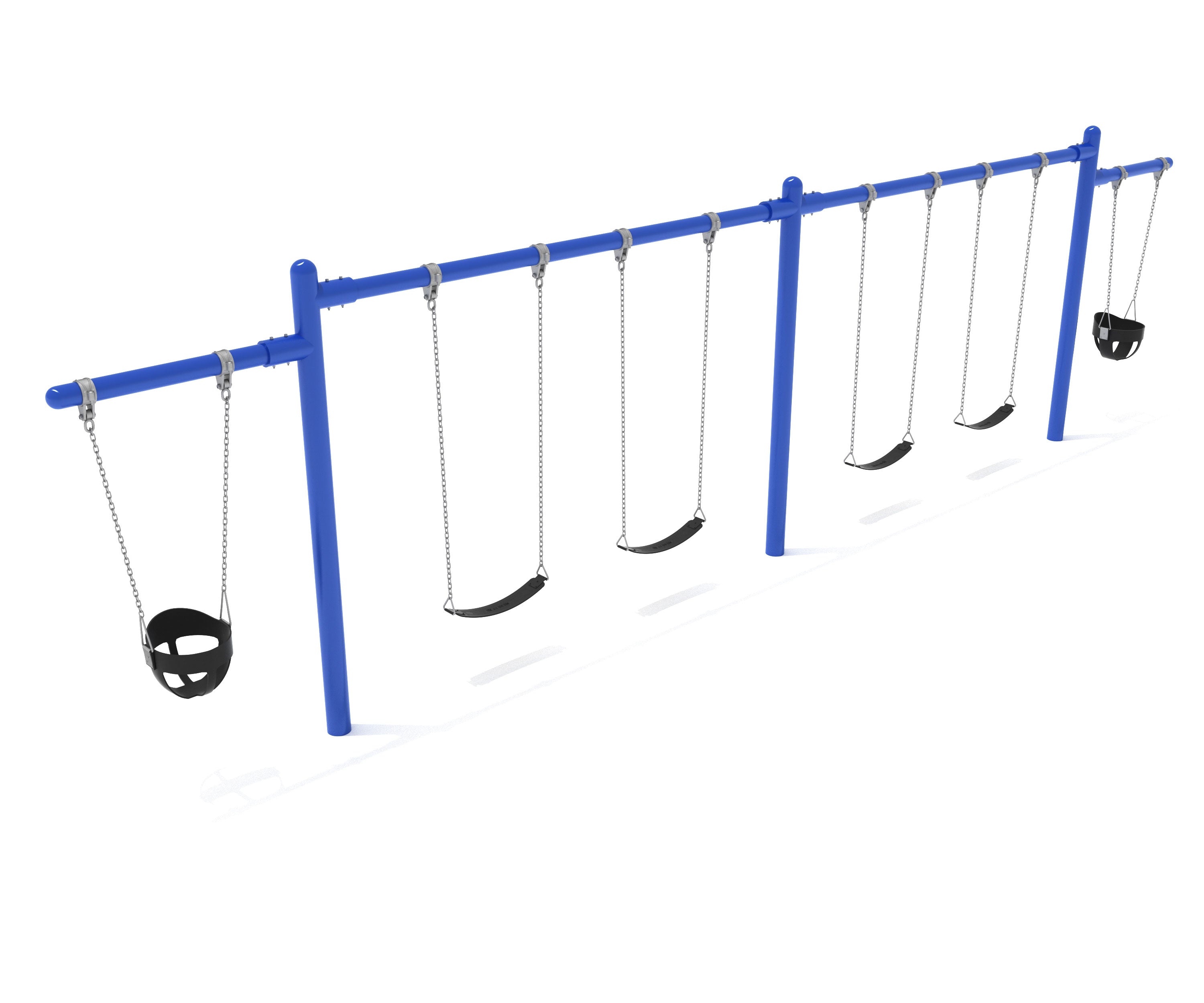 Pacific blue cantilever swing set with two bucket swings and four belt swings for mixed-age children