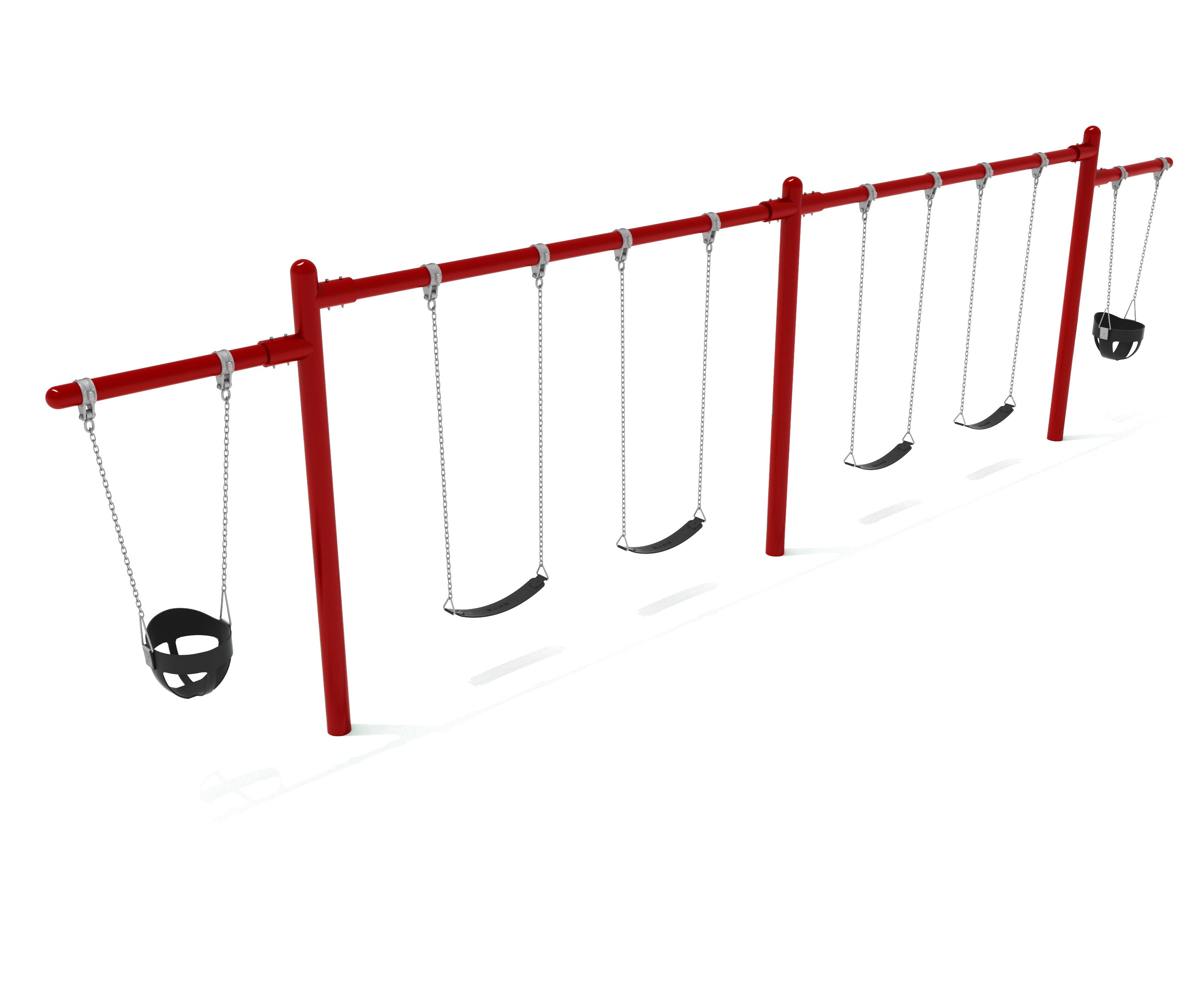 Red metal cantilever swing set with two bucket swings and four belt swings, galvanized chains, sturdy frame.