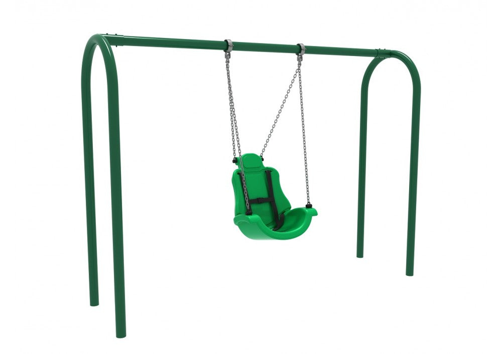 Rainforest green adaptive swing with nylon safety harness suspended from sturdy arch post frame