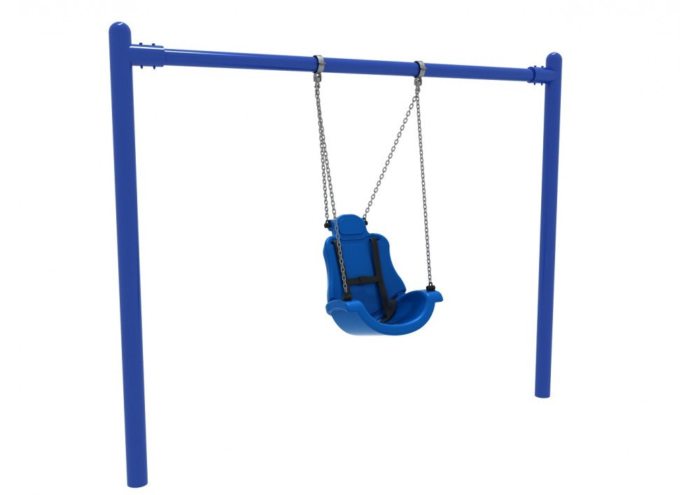 8 feet High Elite Single Post Adaptive Swing in Pacific Blue with high-capacity supportive seat and safety harness on durable metal frame