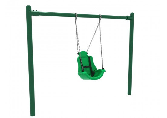 Rainforest green single-post adaptive swing with high-back supportive seat and safety harness for inclusive playgrounds