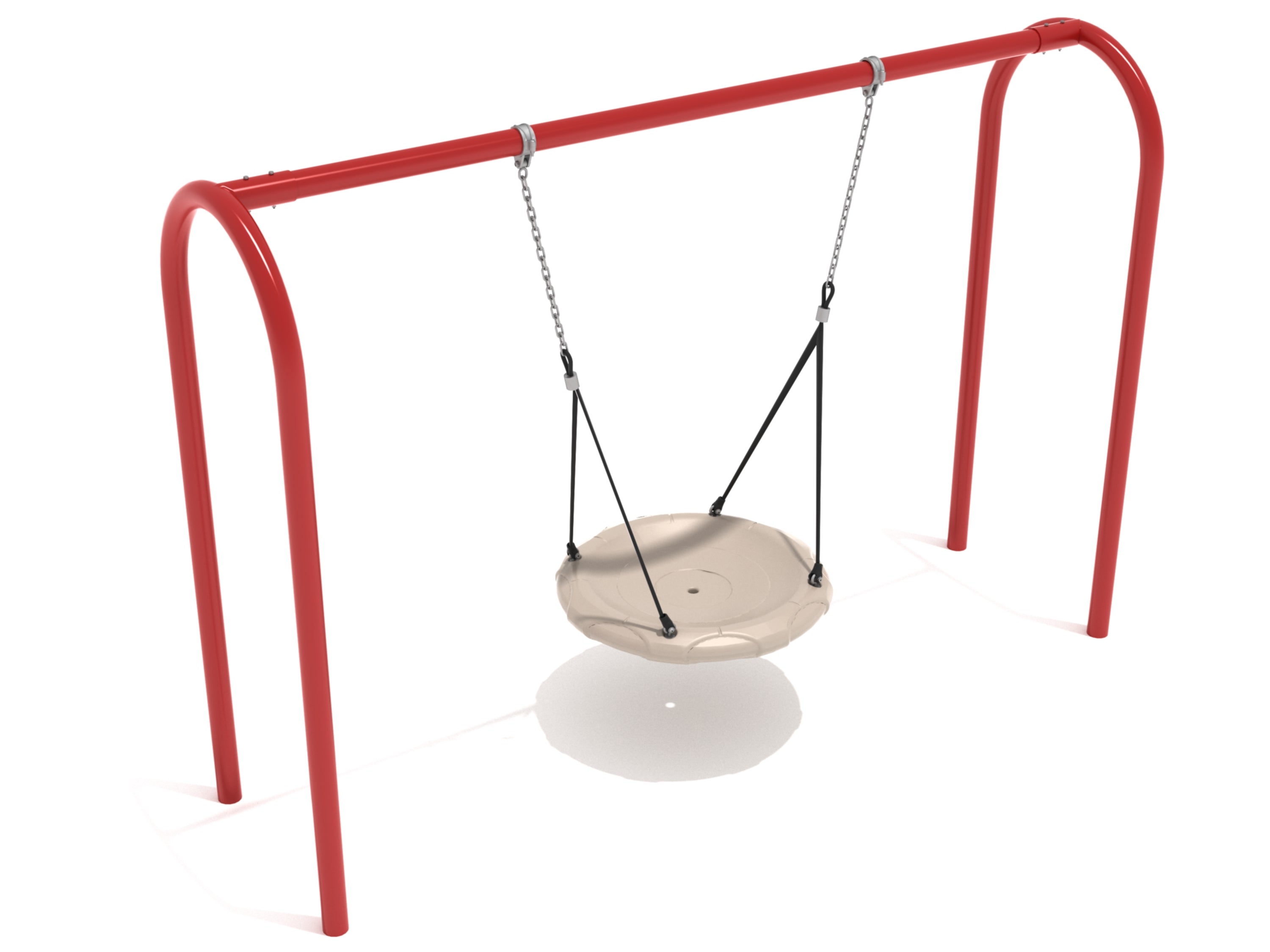 Red powder-coated steel arch swing set with beige round nest swing suspended by chains and straps