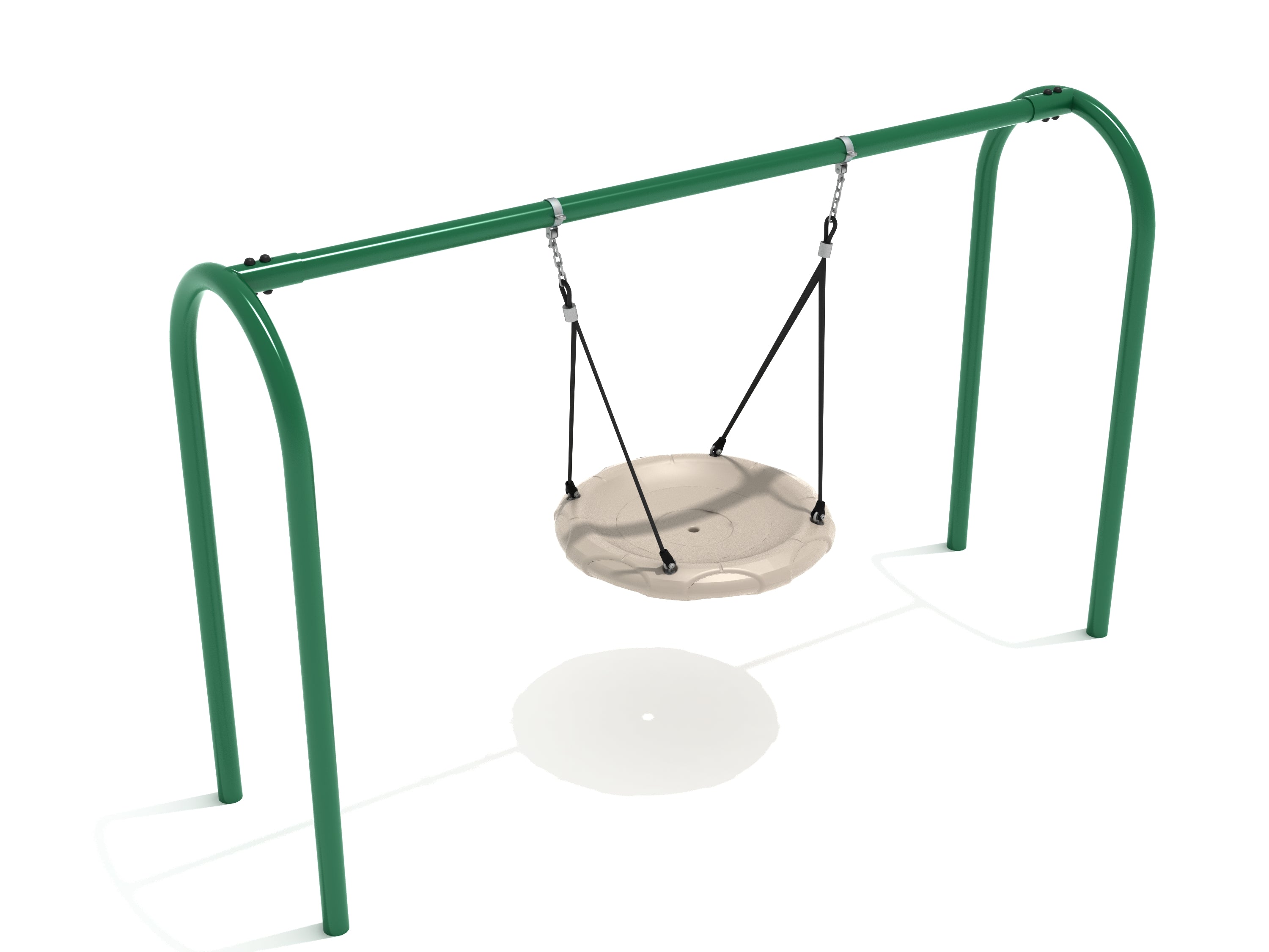 Rainforest green powder-coated steel arch post swing with beige round nest seat suspended by black straps