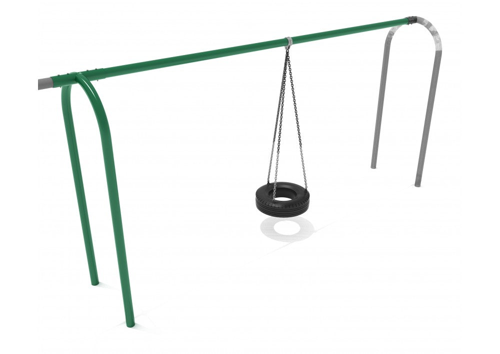 Rainforest green metal arch post with black tire swing suspended by chains on playground swing set
