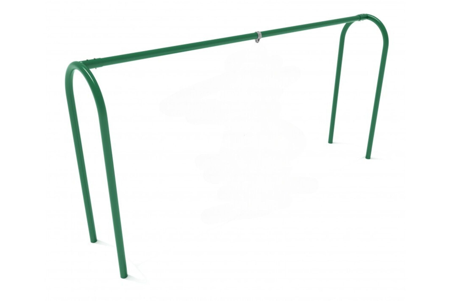 Green metal arch frame with spaced legs supporting a durable plastic tire swing designed for safe, multi-directional play