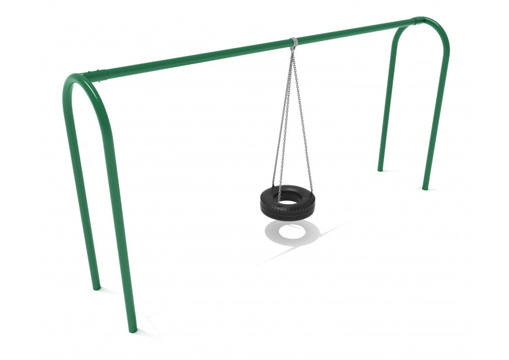 Green metal arch frame supporting a black tire swing suspended by chains, designed for playground use with ample swing space.