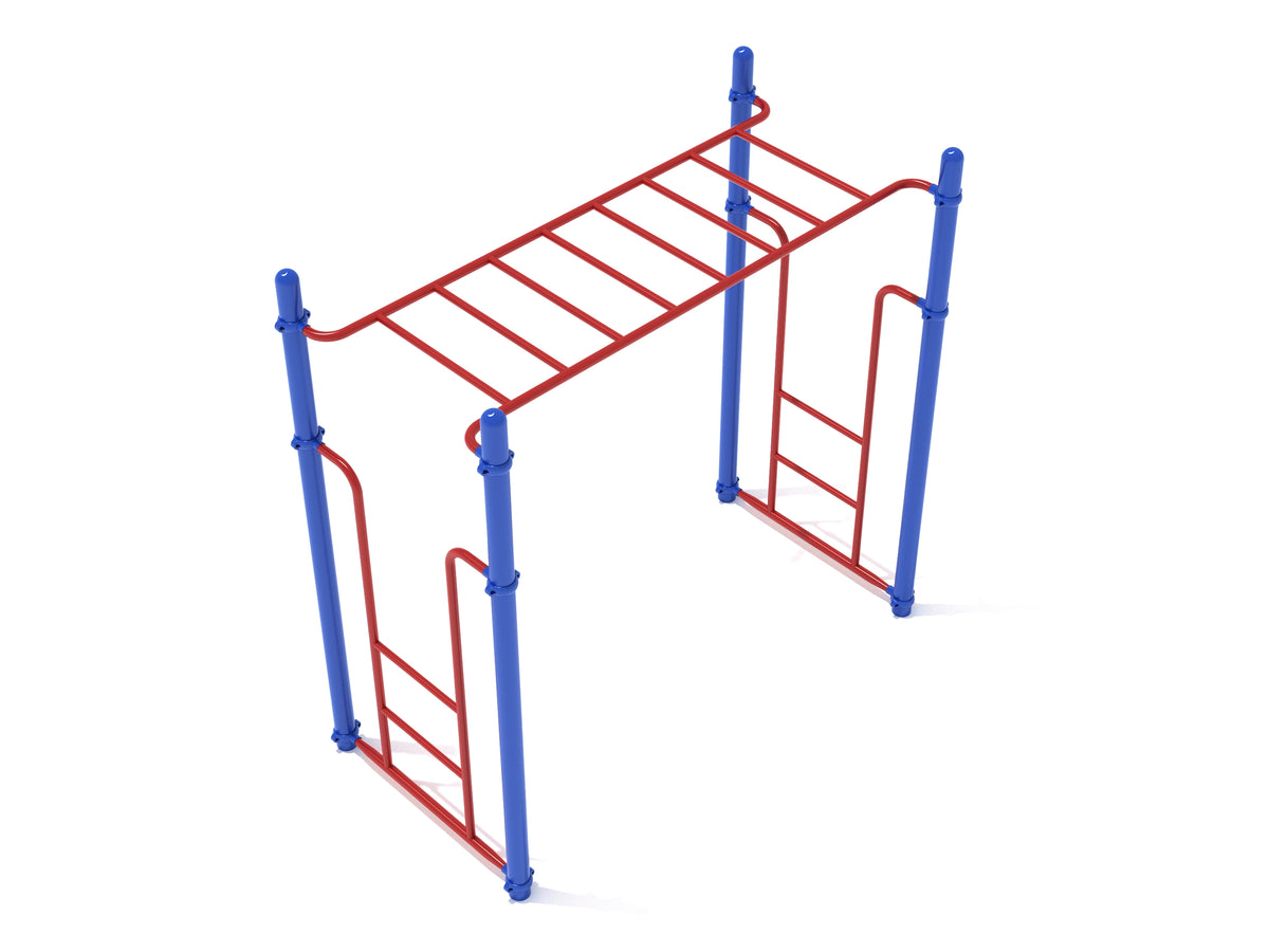 Overhead view of Straight Rung Horizontal Ladder with red climbing rungs and blue vertical supports, playground climbing equipment