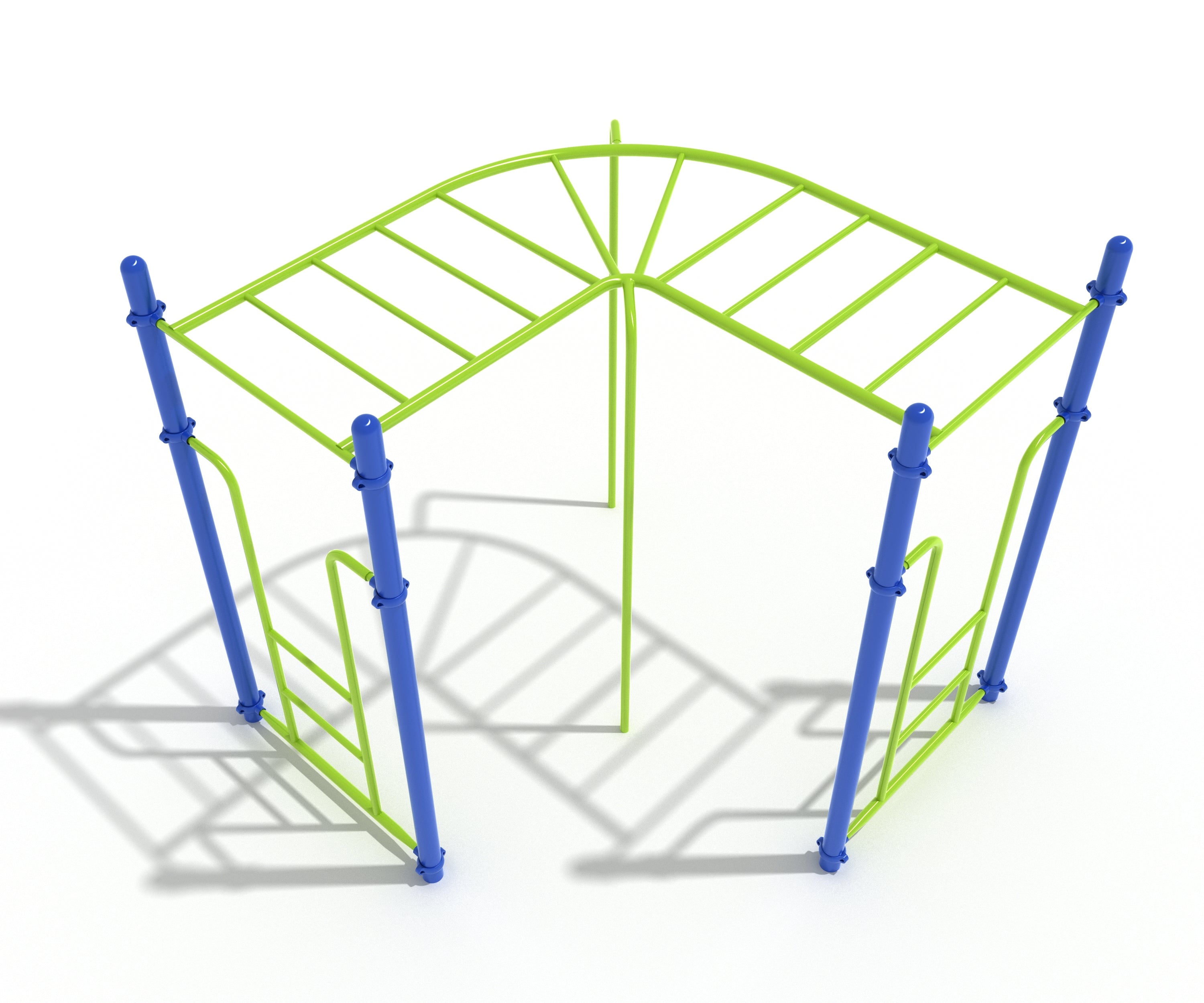 Green and blue 90-degree angled horizontal ladder climber with straight rungs for upper-body strength and coordination on playground