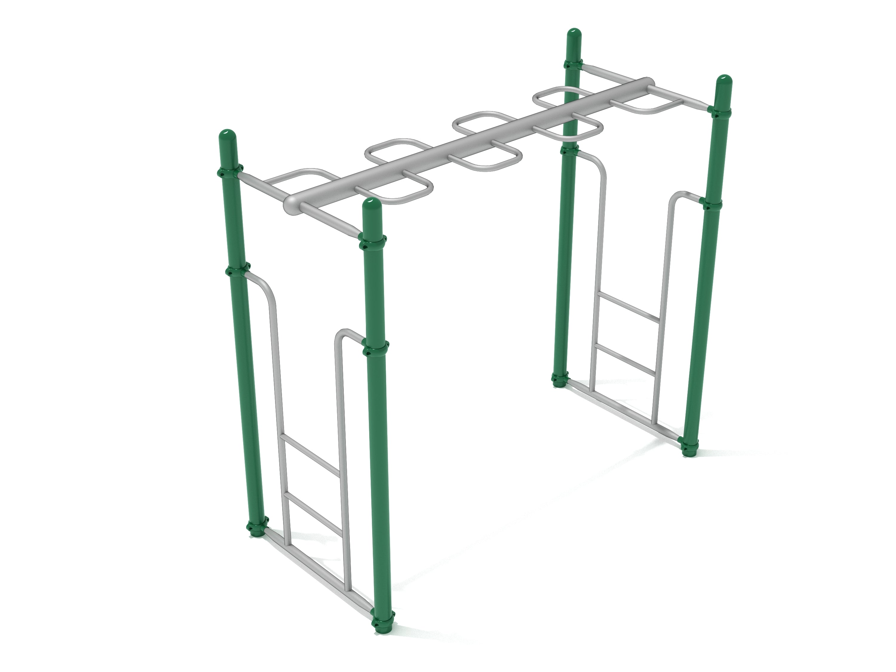 Playground climbing structure with green vertical posts, wavy silver monkey bars overhead, and dual side ladders for climbing.