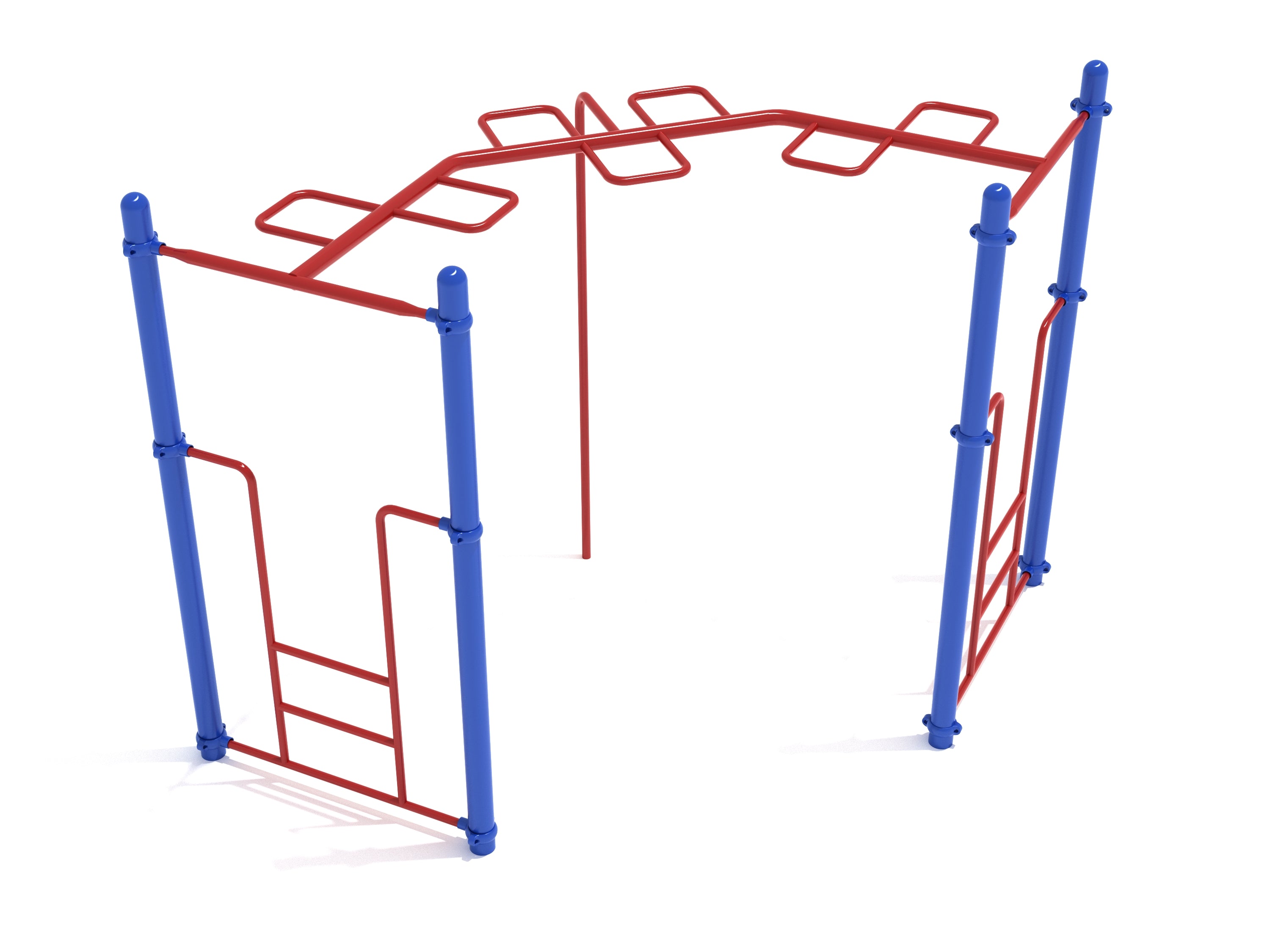 Playground climbing equipment with blue vertical posts and red snake-shaped horizontal ladder rungs forming a 90-degree angle