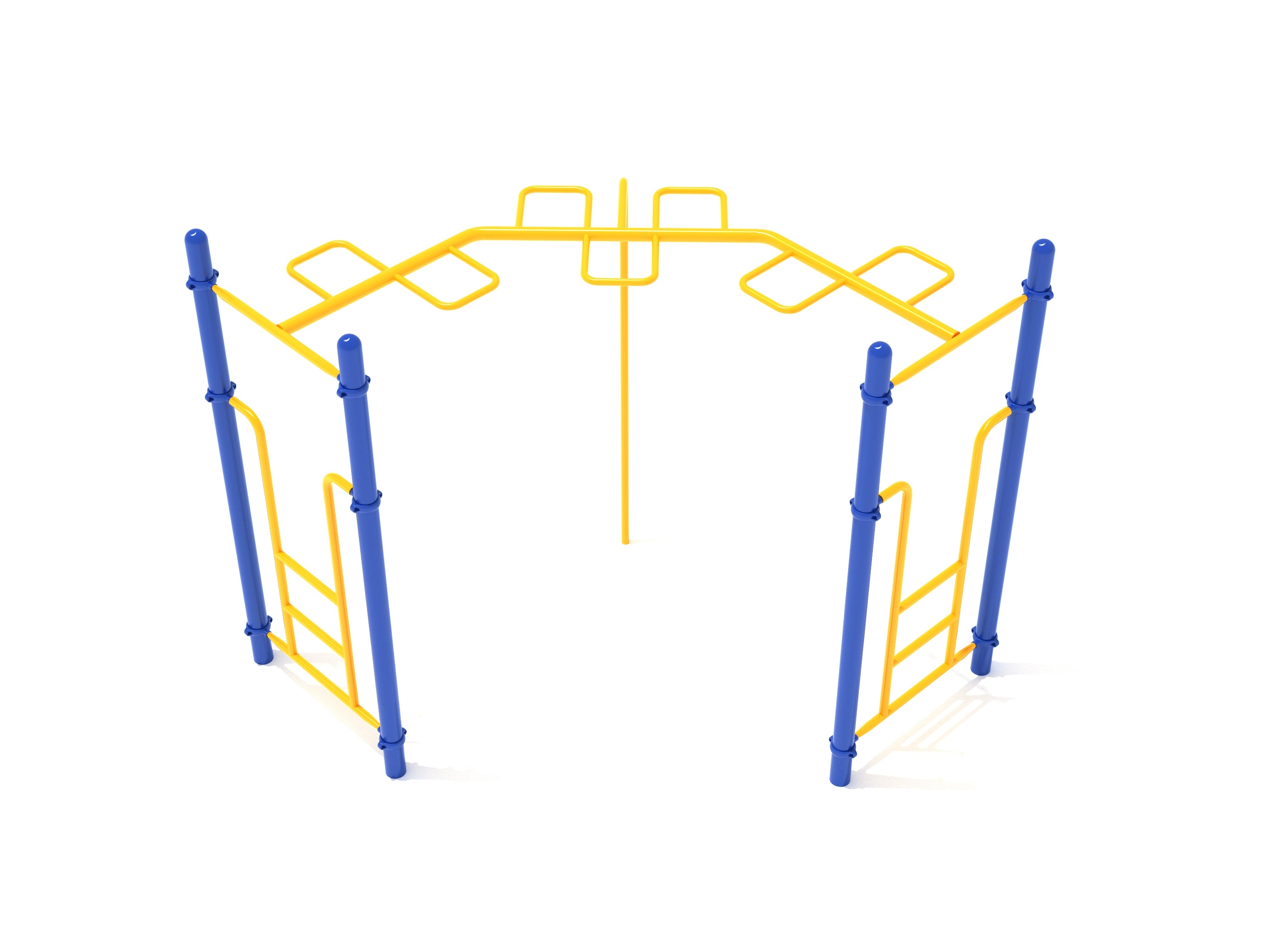 Playground climbing equipment with blue vertical posts and yellow snake-like looping rungs forming a 90-degree overhead ladder
