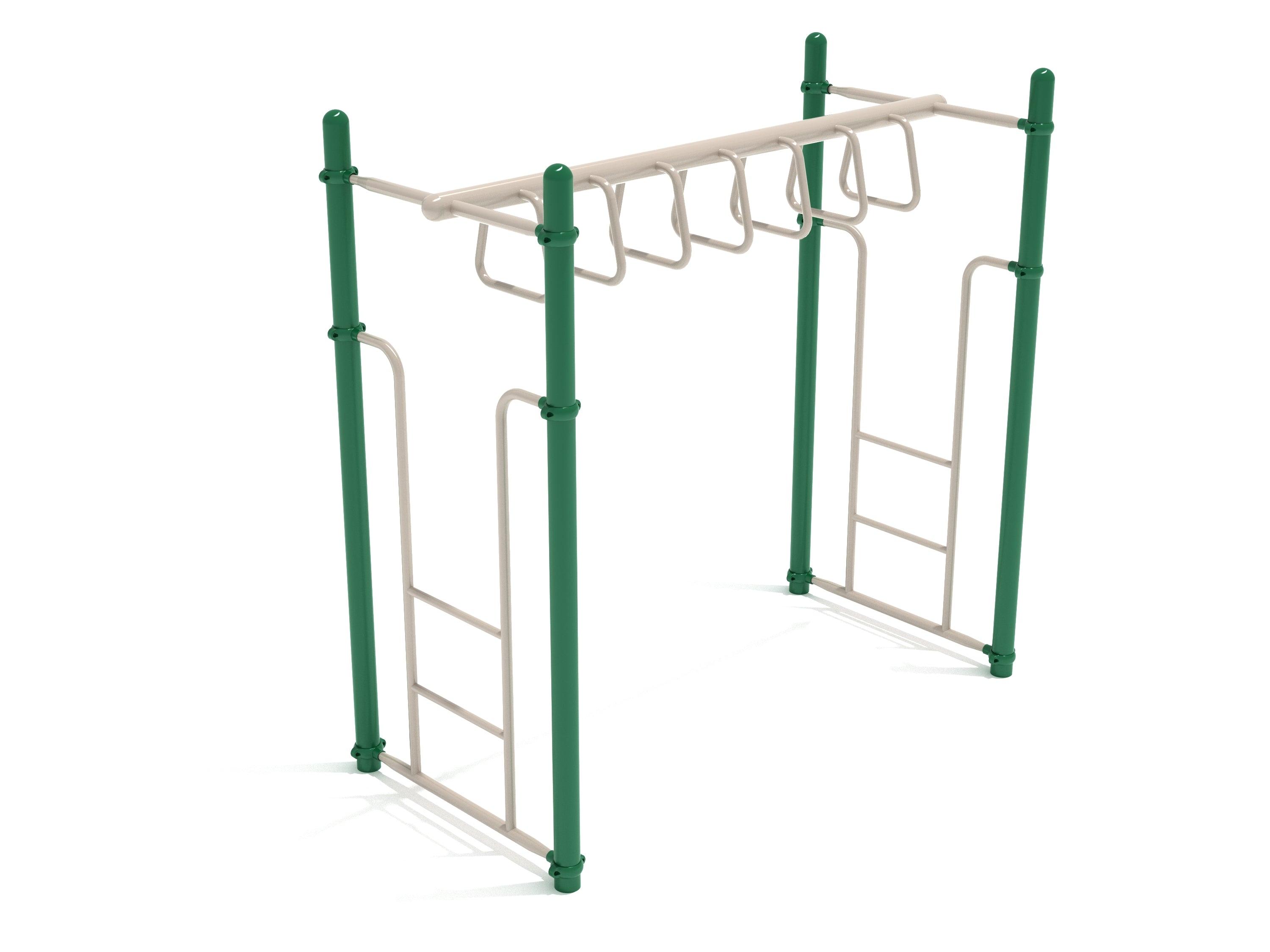 Playground climbing ladder with green vertical posts and beige trapezoid loop rungs for upper-body strength and coordination