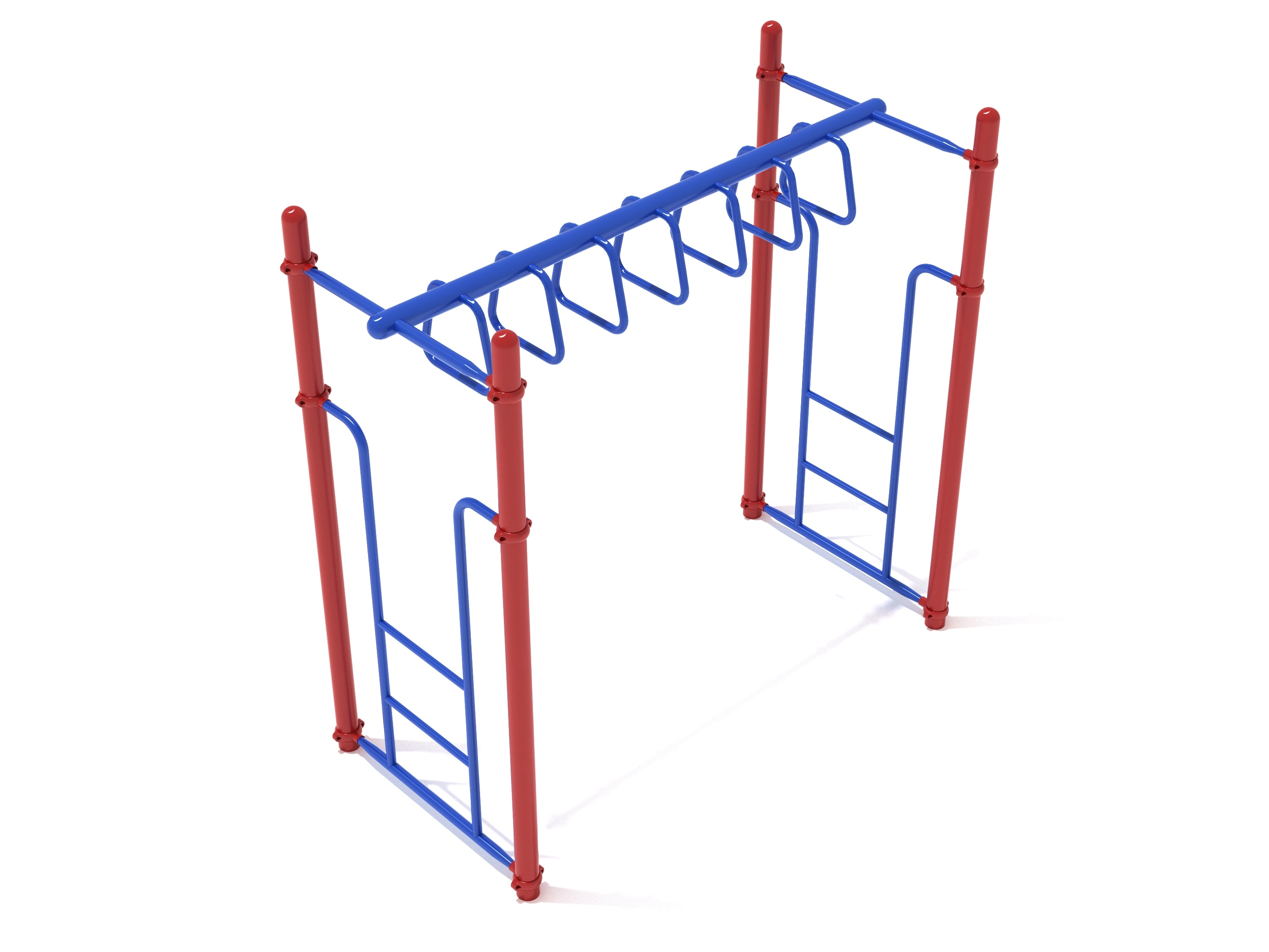 Playground climbing structure with red vertical posts and blue trapezoid loop rungs, dual step-in entrances for active play