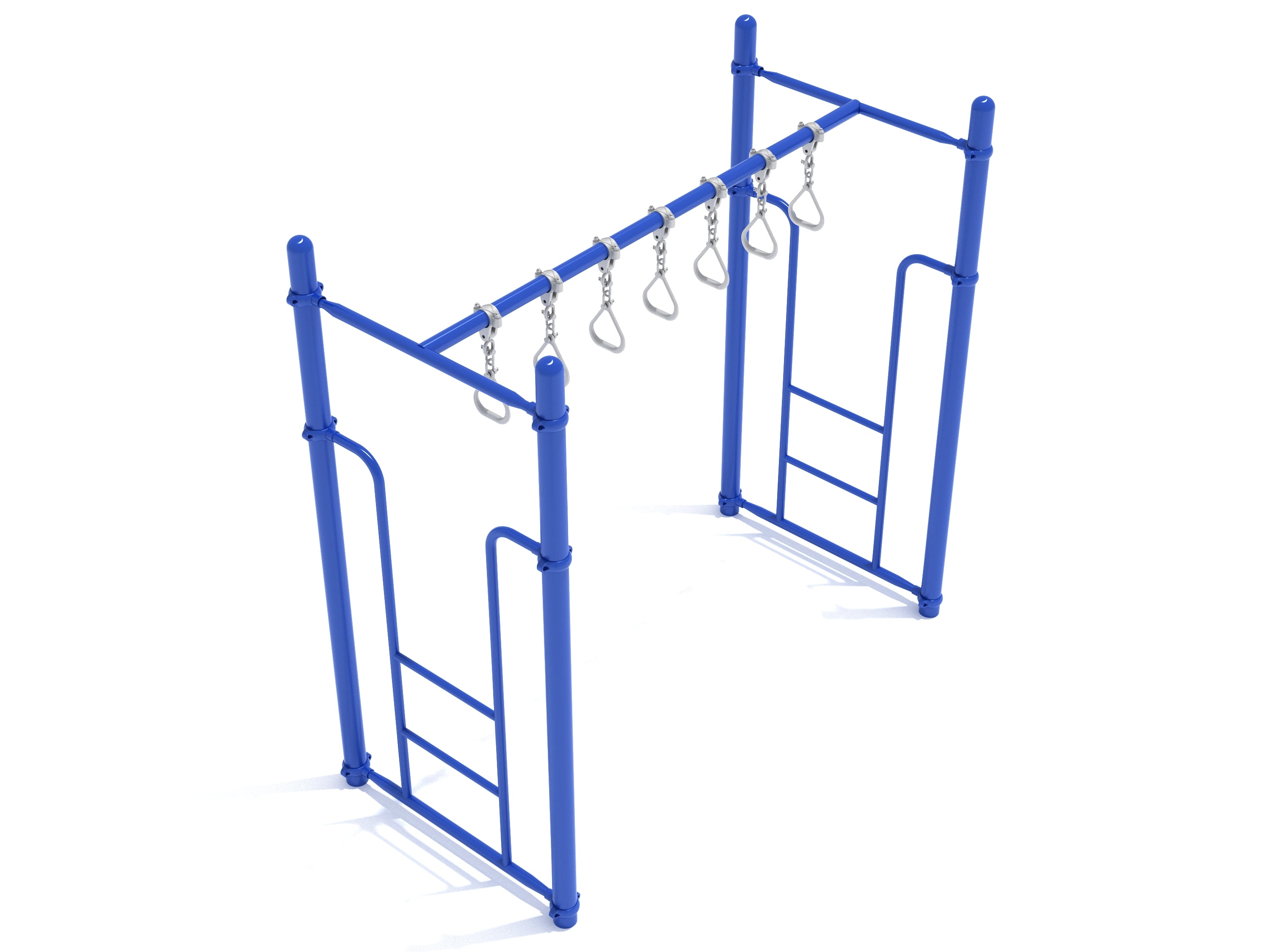 Straight Swinging Ring Ladder playground climber with blue metal frame and six silver swinging rings for kids' fitness play