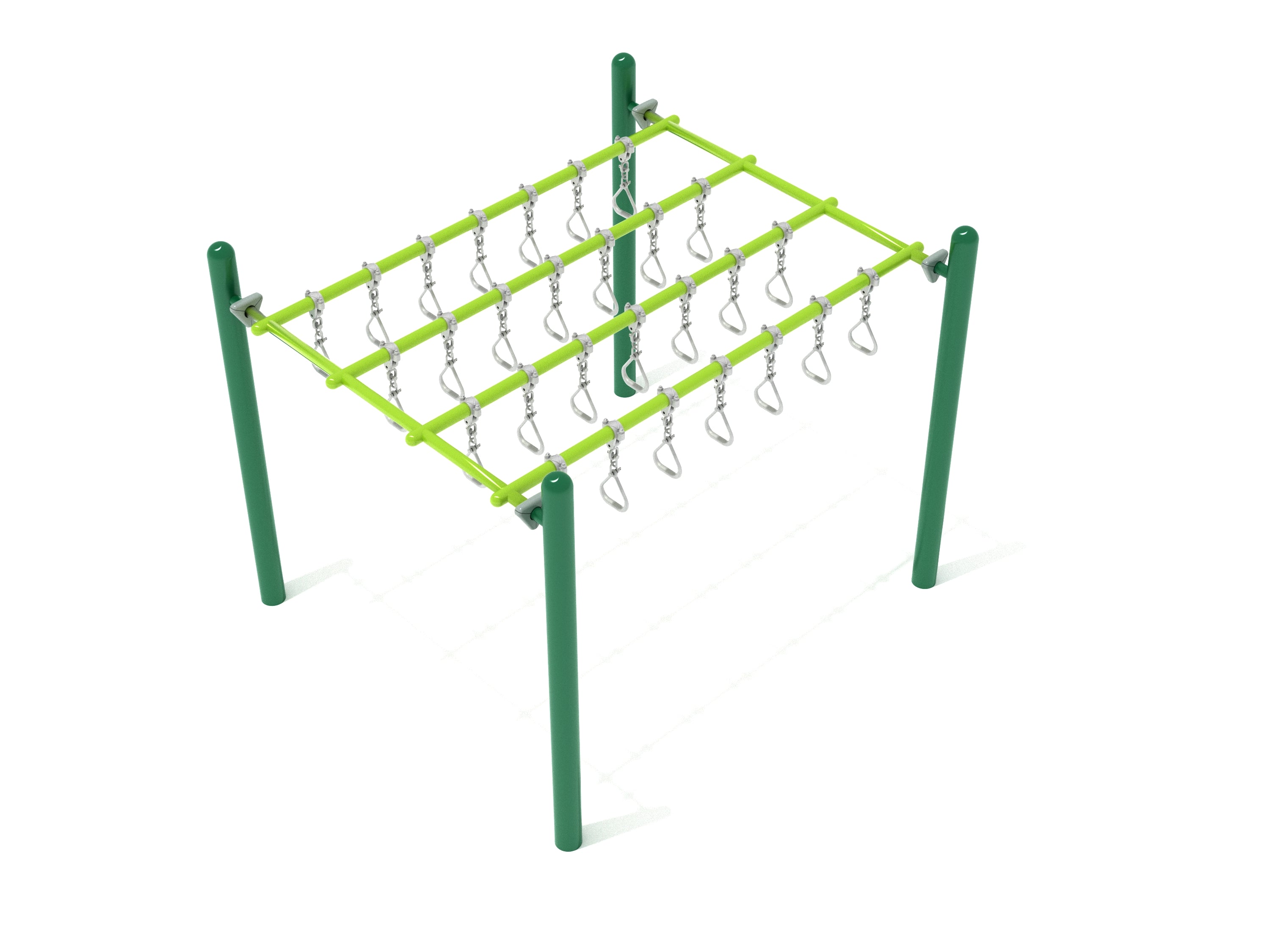 Playground climbing structure with five parallel green bars and hanging metal triangular rings for swinging grip