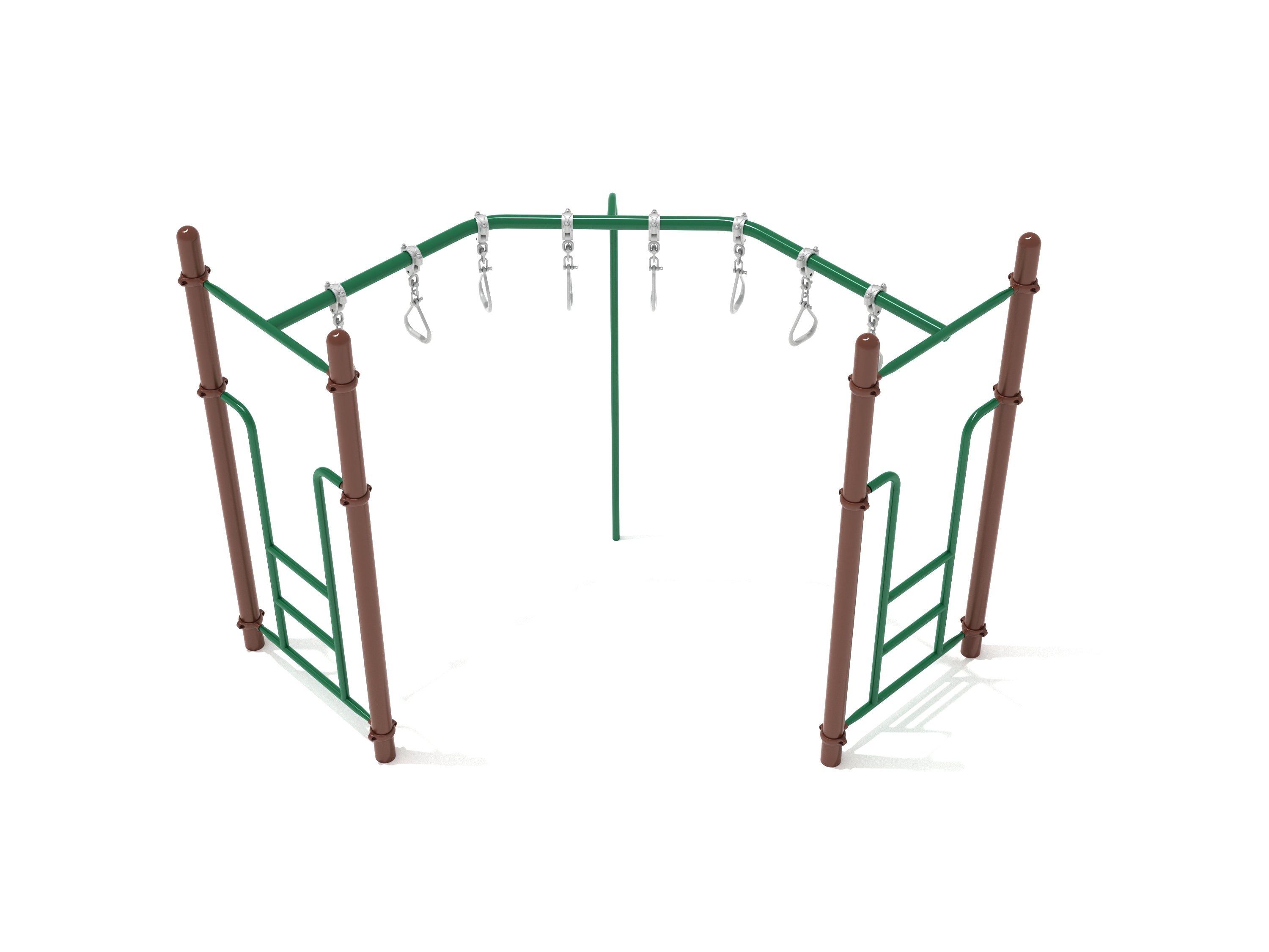 90-Degree Swinging Ring Ladder playground climber with green metal frame, brown support posts, and hanging triangular grips