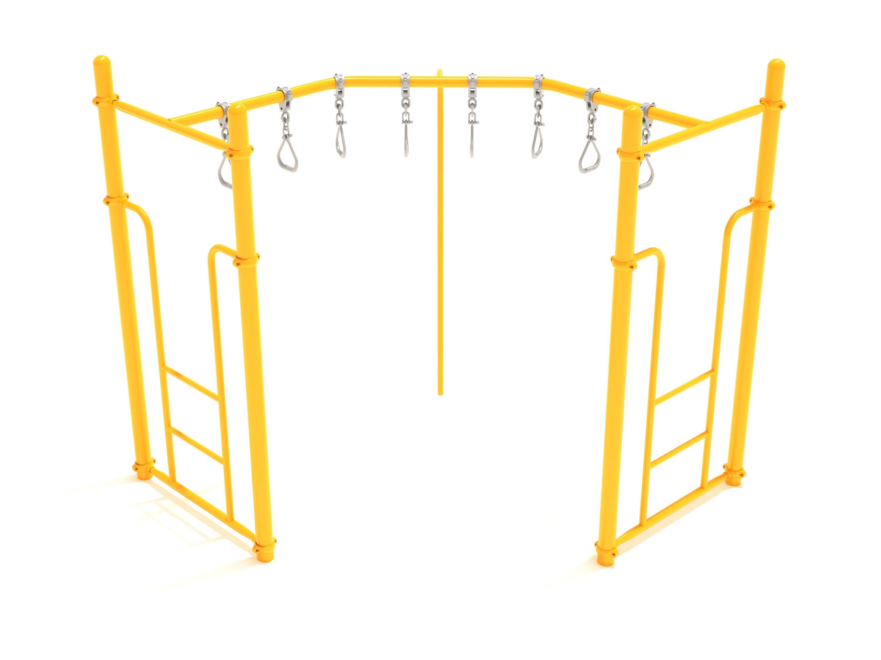 Bright yellow 90-degree swinging ring ladder climber with metal grips and ladder sides for active playground play