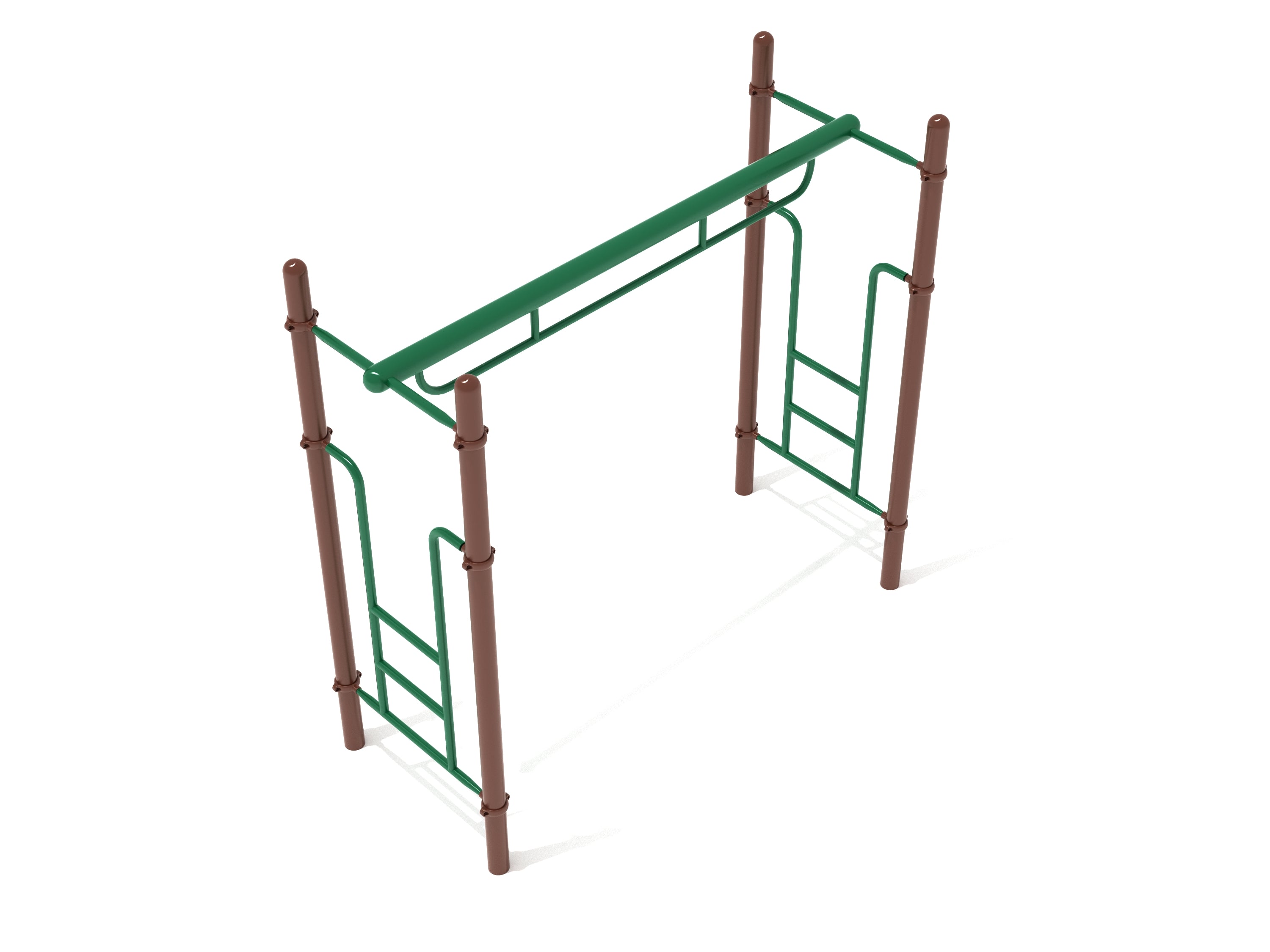 Overhead playground climbing structure with single green parallel bar and brown support posts, angled view