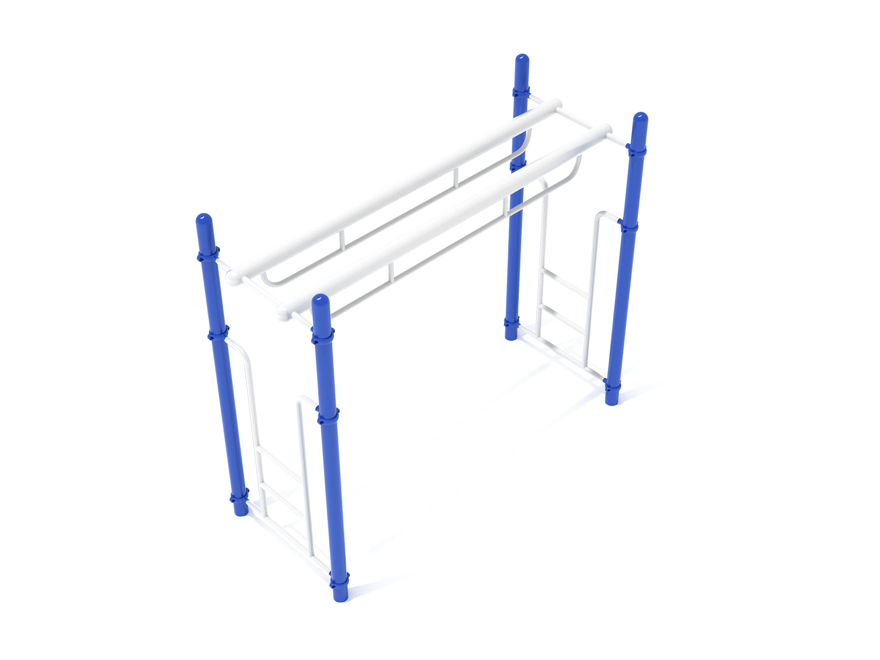 Double parallel bar ladder with blue vertical posts and white horizontal rails for climbing and fitness play