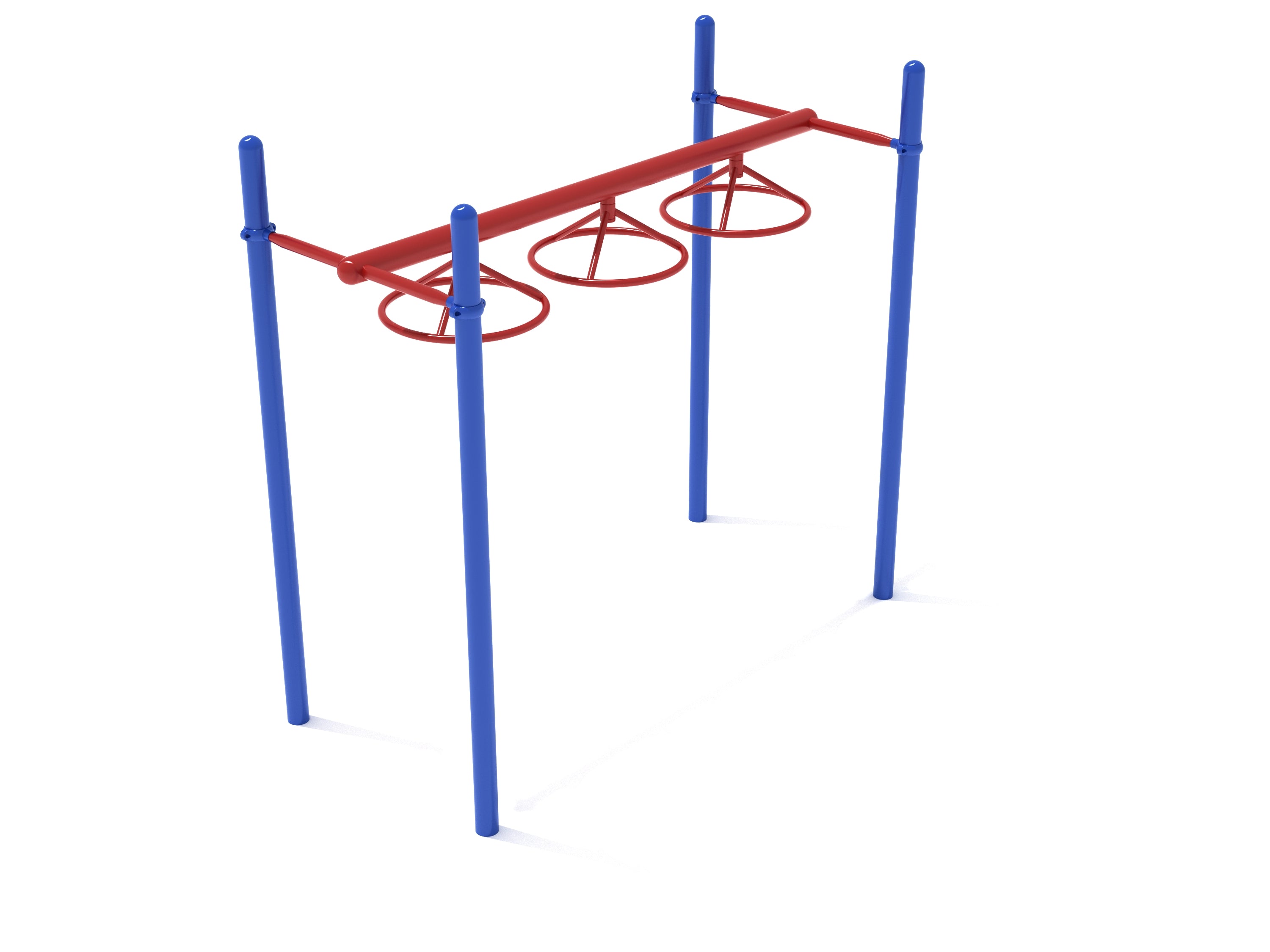 Three red rotating rings suspended from a blue frame for upper-body playground climbing and coordination play