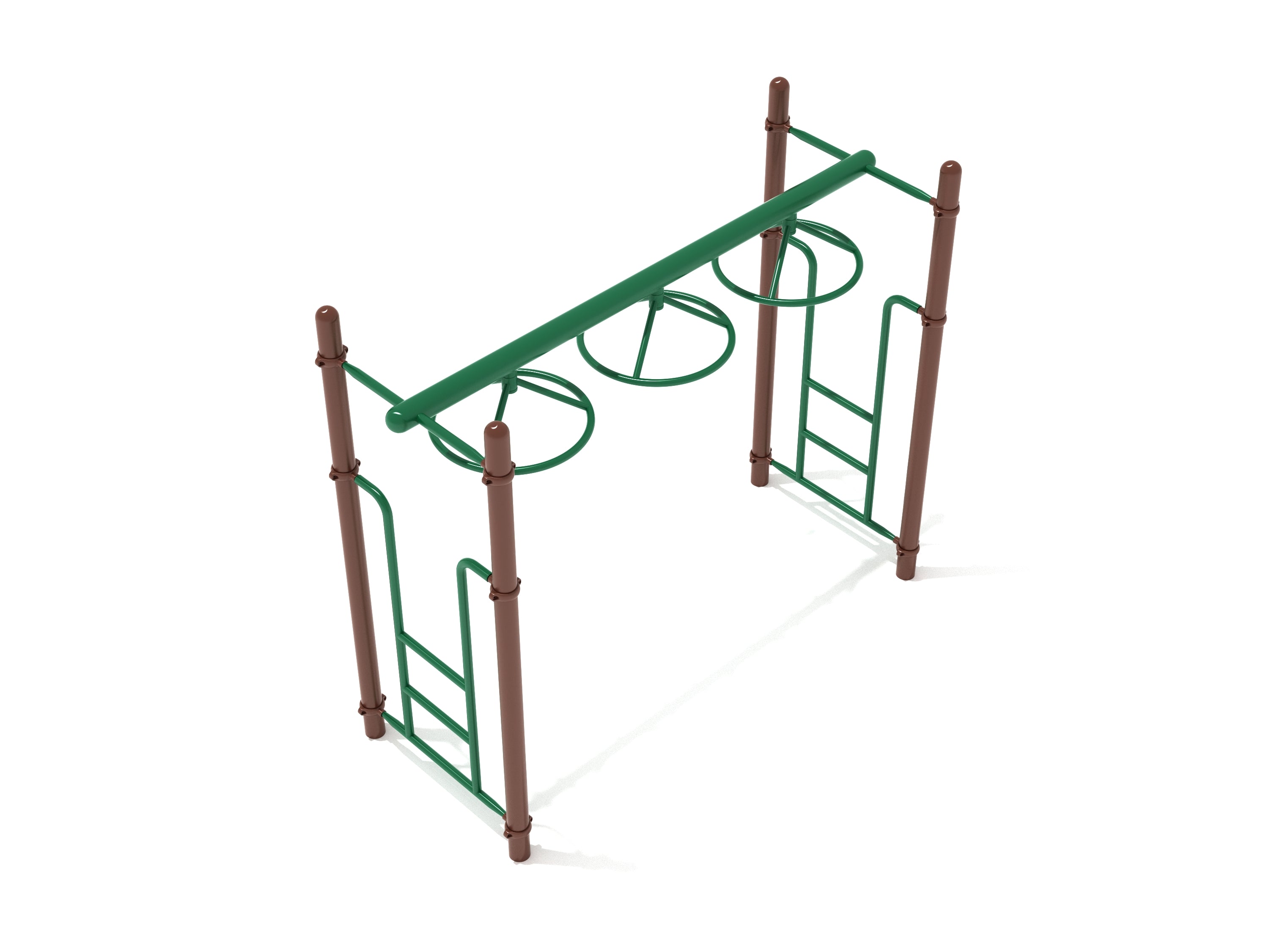 Playground climbing equipment with three green rotating circular rings and brown vertical support poles