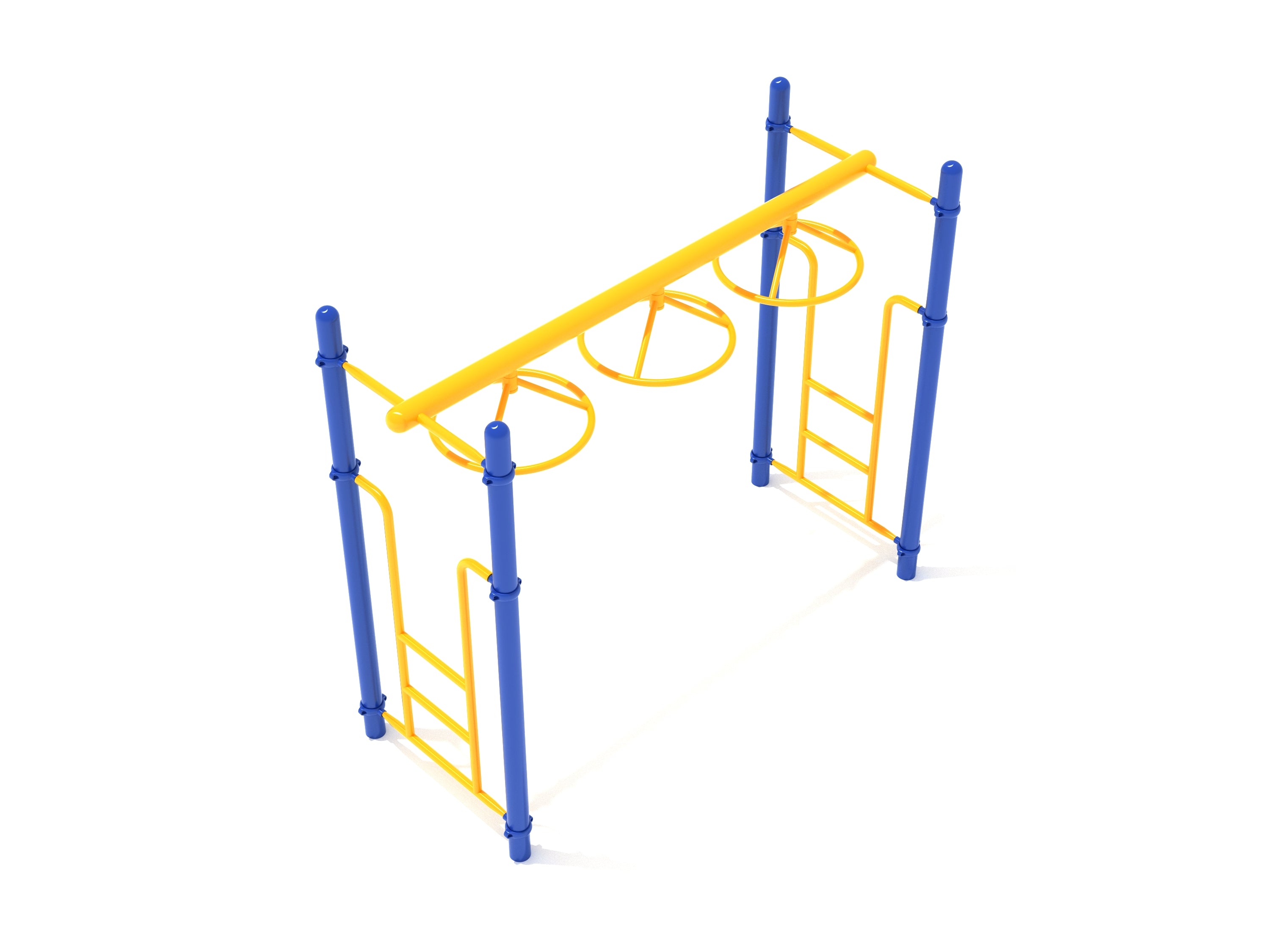 3-Wheel Swing Ladder playground climber with blue supports and yellow rotating rings for active upper-body play and coordination