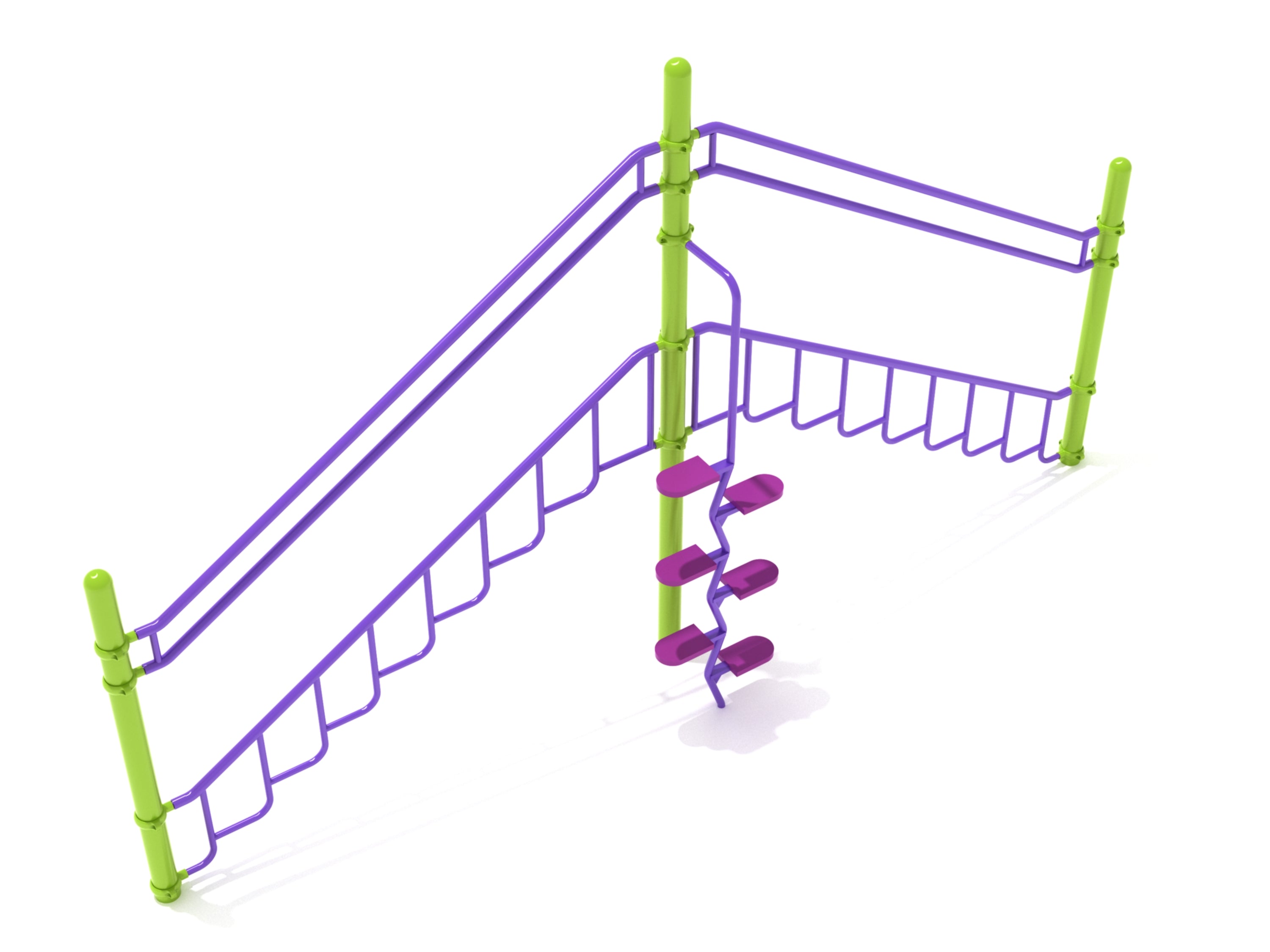Mountain Climber playground climbing equipment with green posts, purple angled rail ladders, and central spiral steps for active play