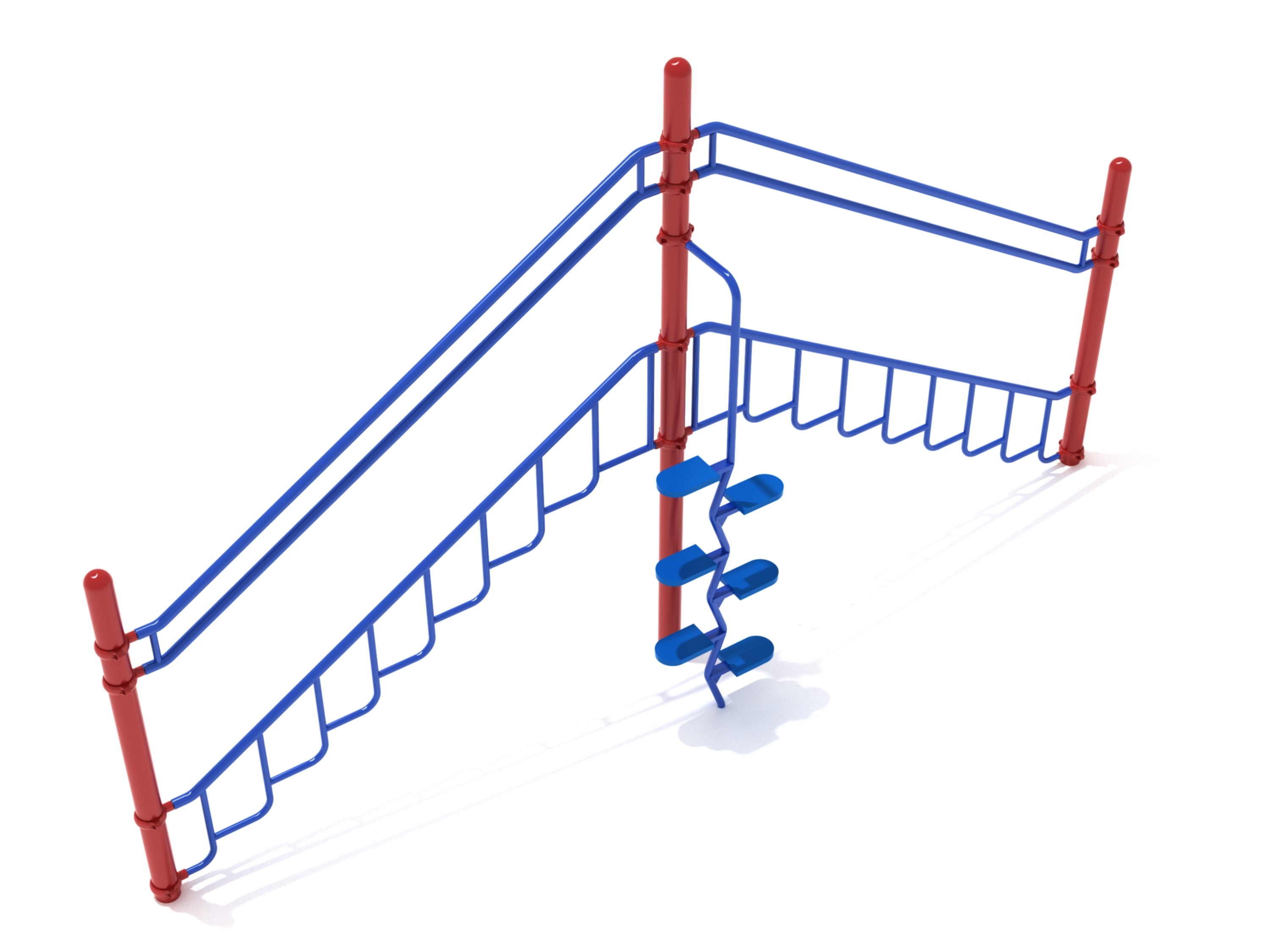 Playground climber with red vertical posts, blue angled rail ladders, and central spiral steps for active climbing and coordination development